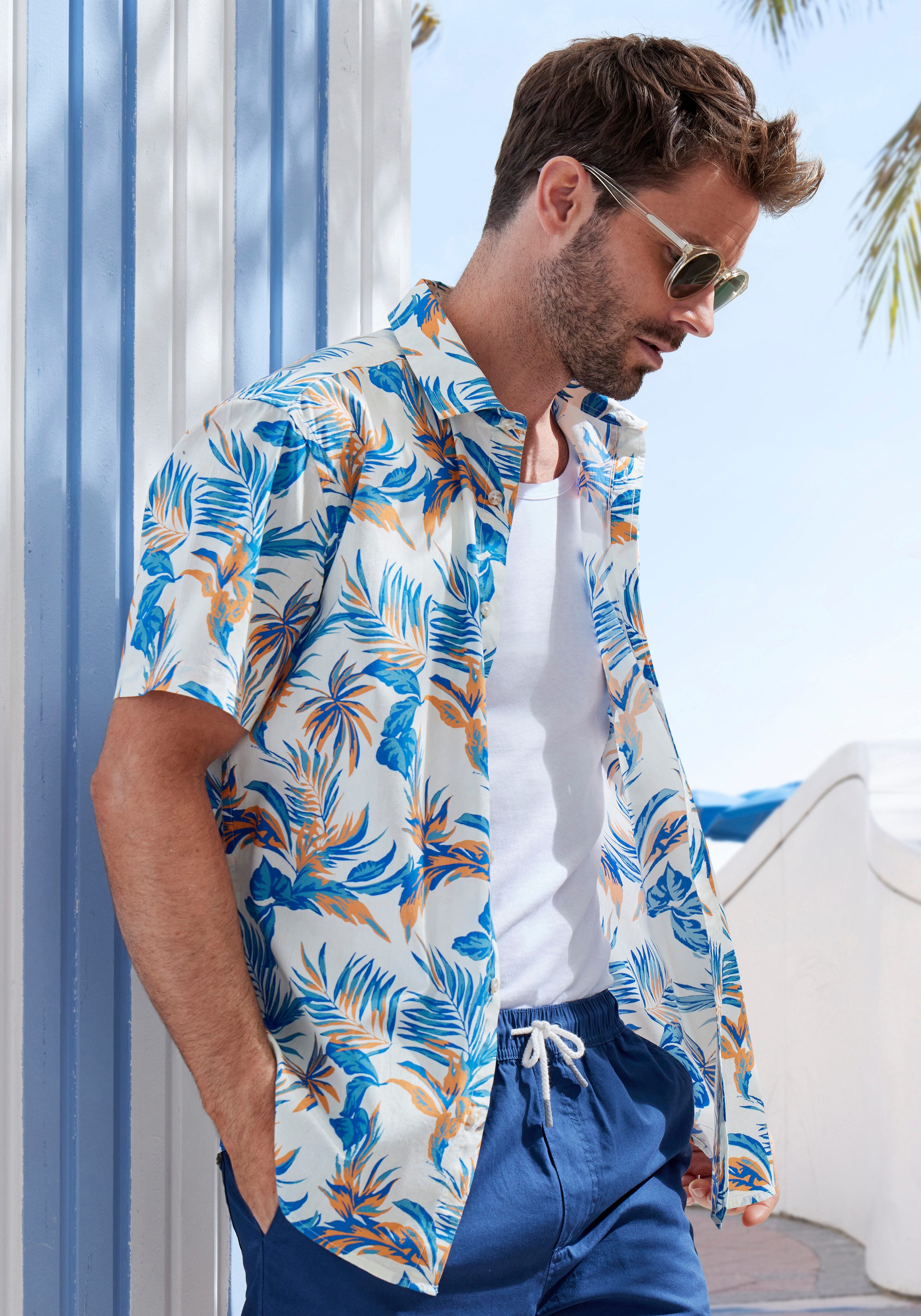 John Devin Hawaï-overhemd Regular fit Korte mouwen, vrijetijdsshirt met palmprint van 100% katoen