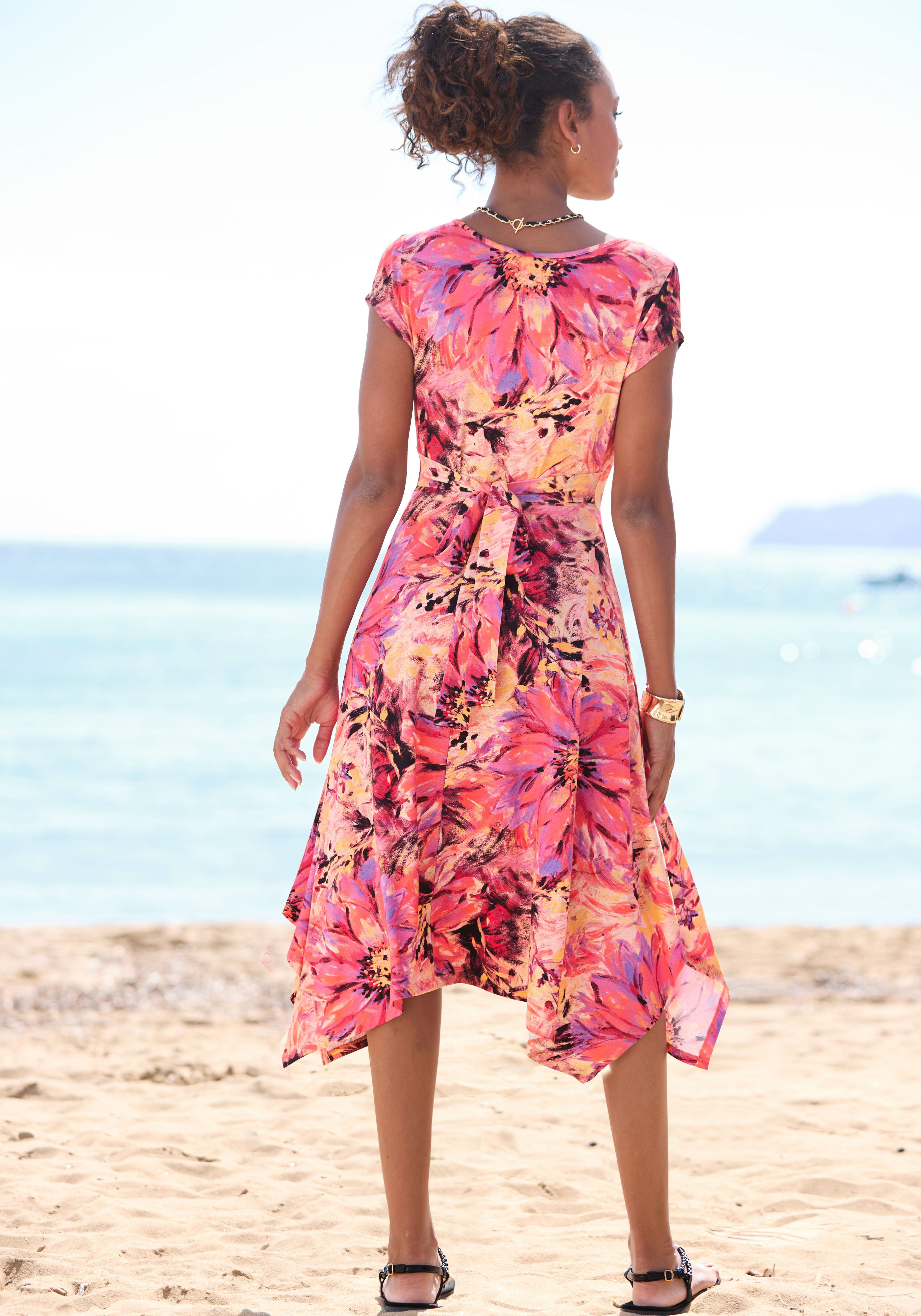 Beachtime Zomerjurk met puntzoom en strik, jersey jurk, asymmetrisch rokdeel