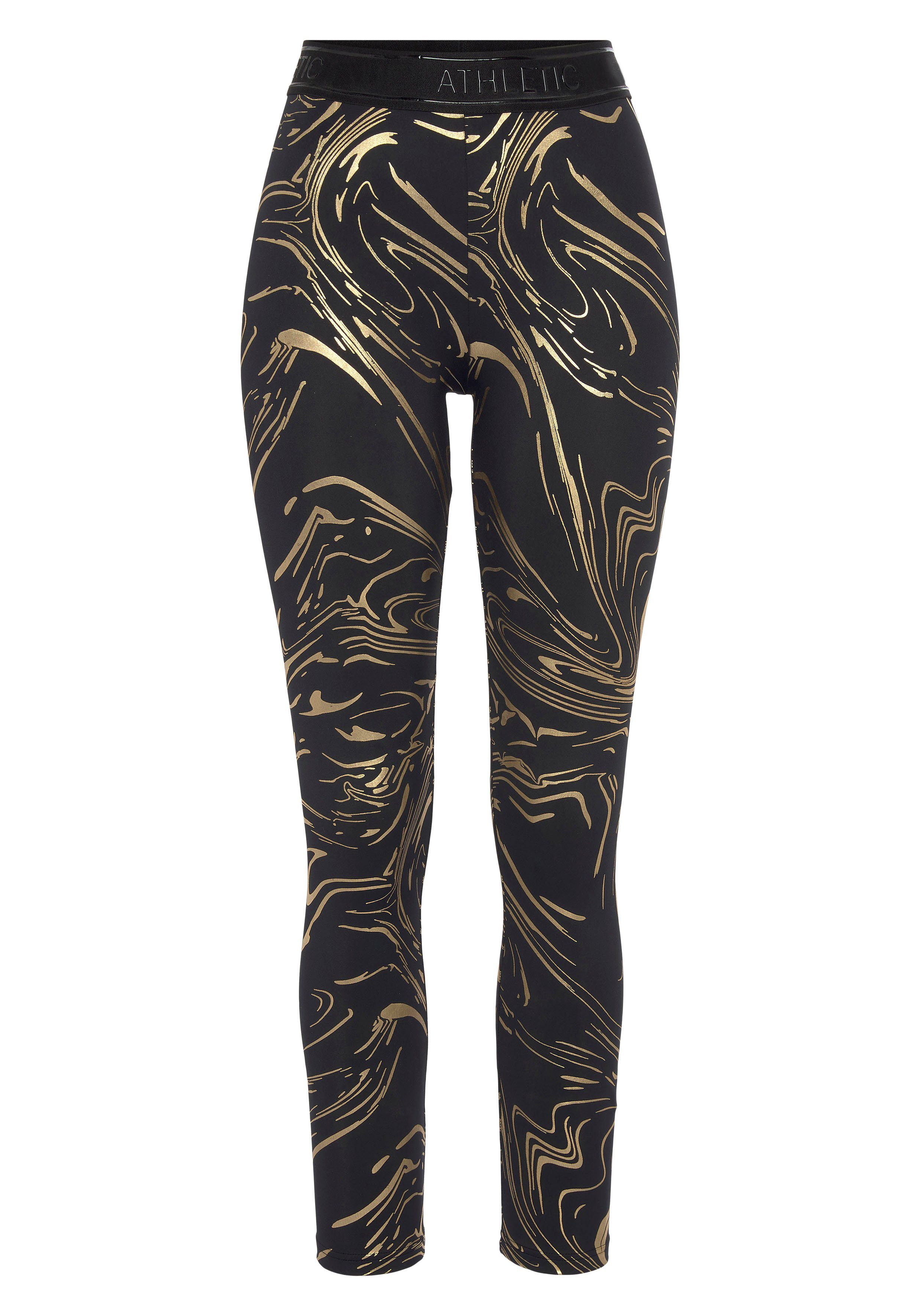 active by Lascana Functionele legging Sportleggings met glanzende print en 3D-tekst sport broeken maat XS (32/34) goud(kleur)