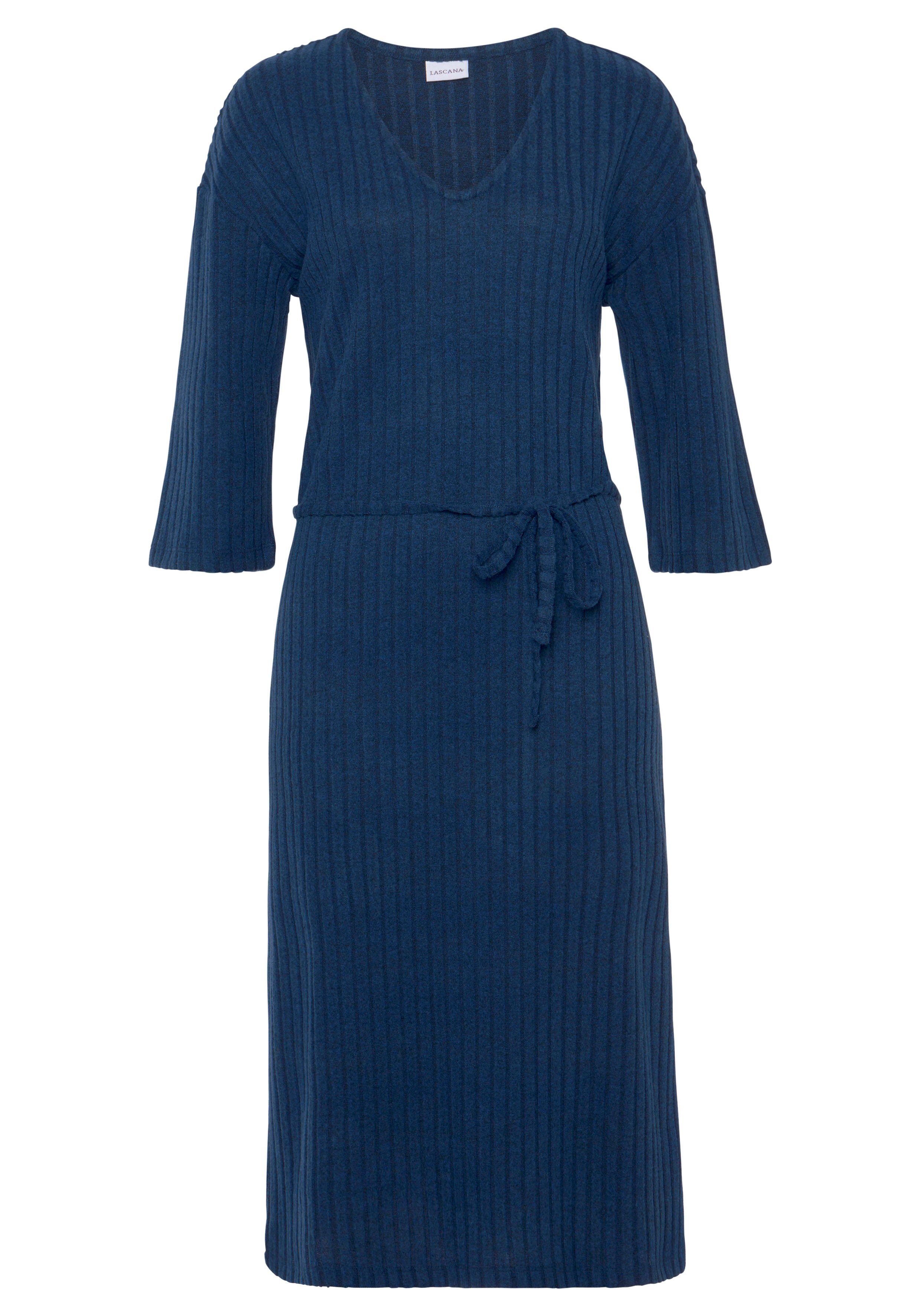 Lascana Gebreide jurk - Ribgebreide jurk, loungejurk Lounge-/rib jurk met wijde mouwen en tailleband, loungewear (1-delig) loungewear maat 32/34 blauw