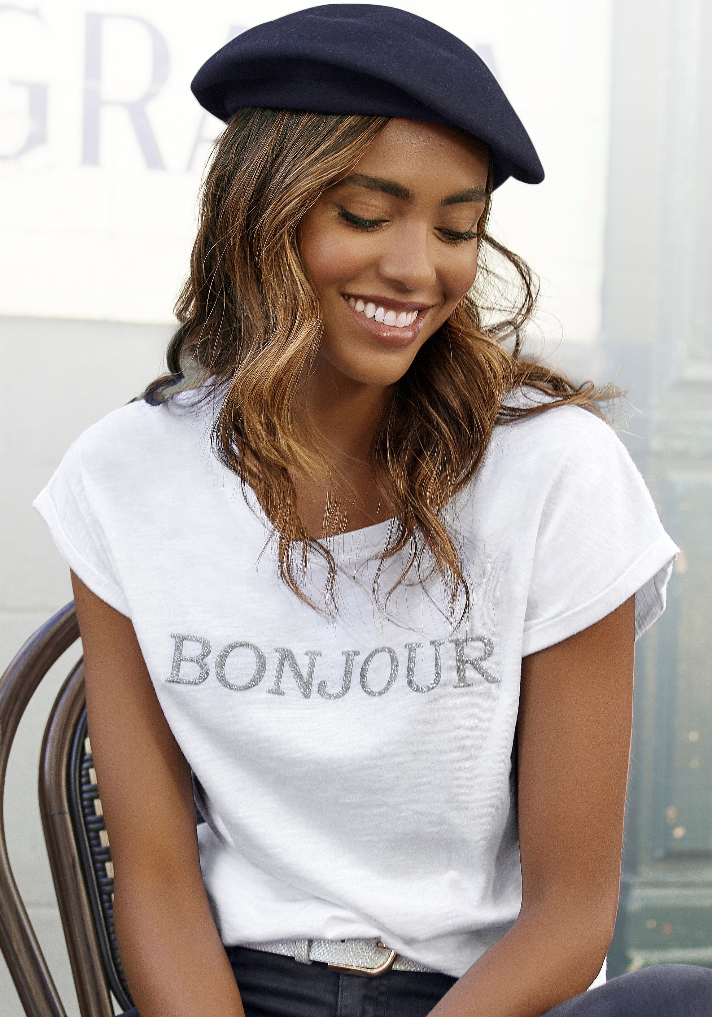 Vivance T-shirt Met frontdruk "Bonjour" in een zachte katoenkwaliteit