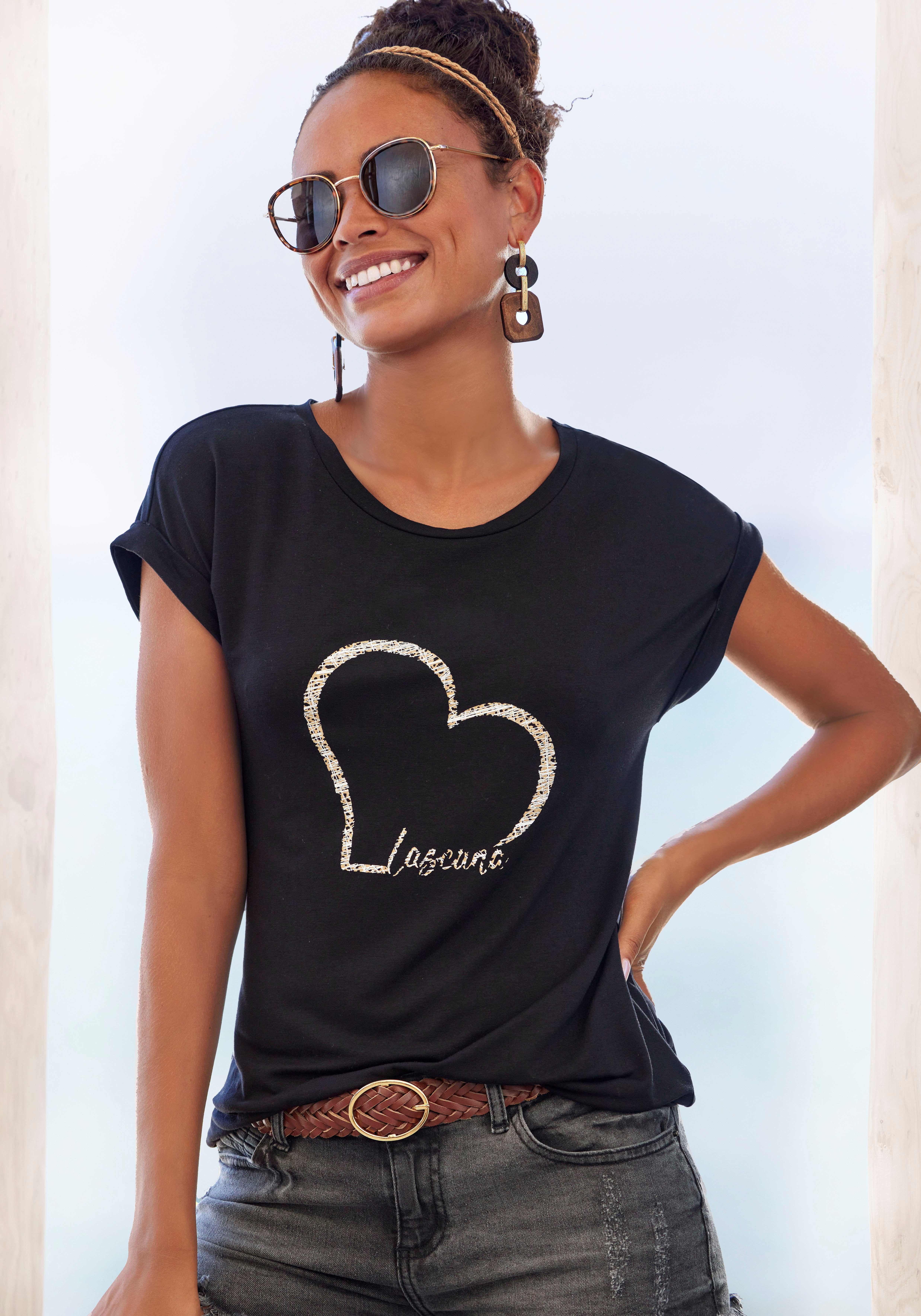 Lascana Shirt met korte mouwen Met Lascana hartprint van zachte viscose-stretch (1-delig)
