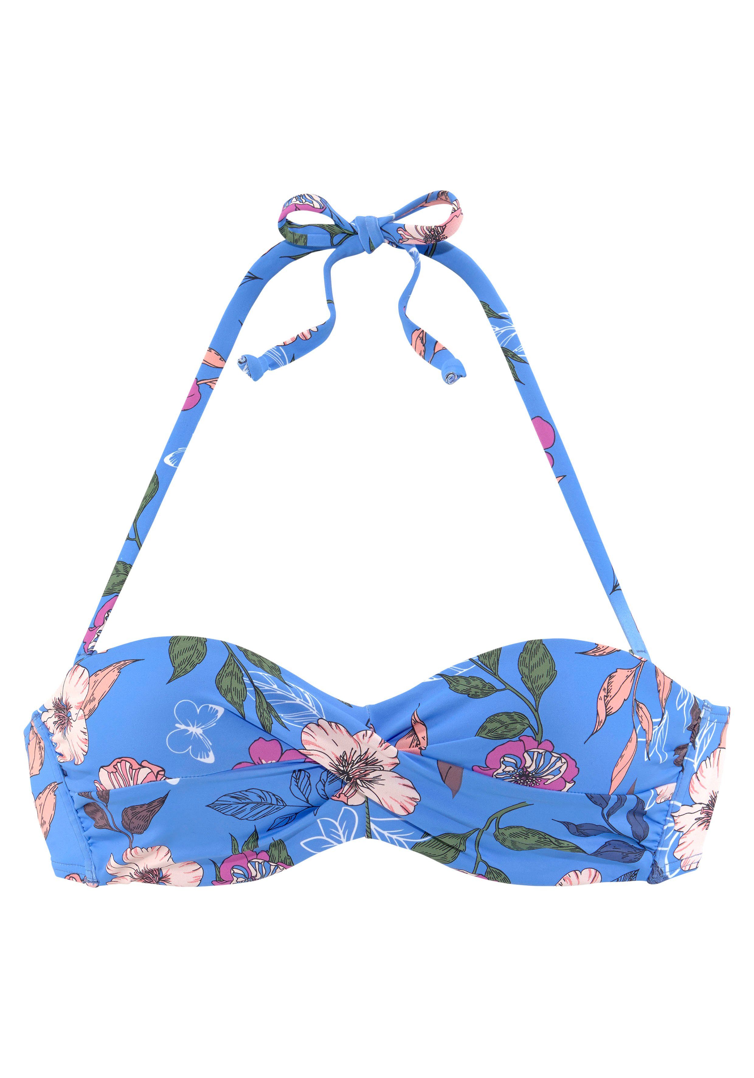s.Oliver RED LABEL Beachwear Beugelbikinitop in bandeaumodel Maya met gebloemd design en wikkel-look bandeau bikini's maat 34 blauw