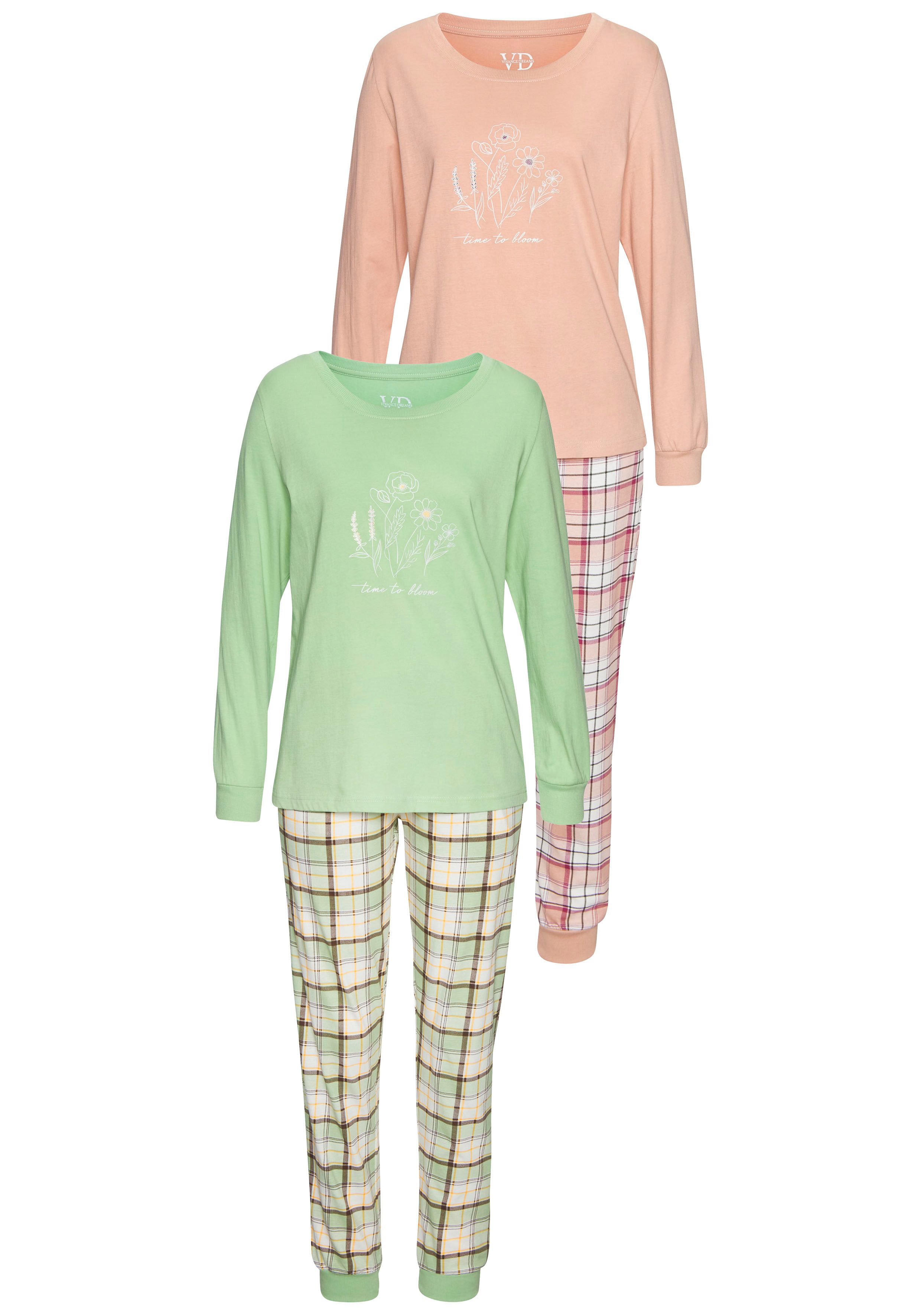 Vivance Dreams Pyjama Lange mouwen shirt met schattige voorprint en geruite broek (Set van 2)