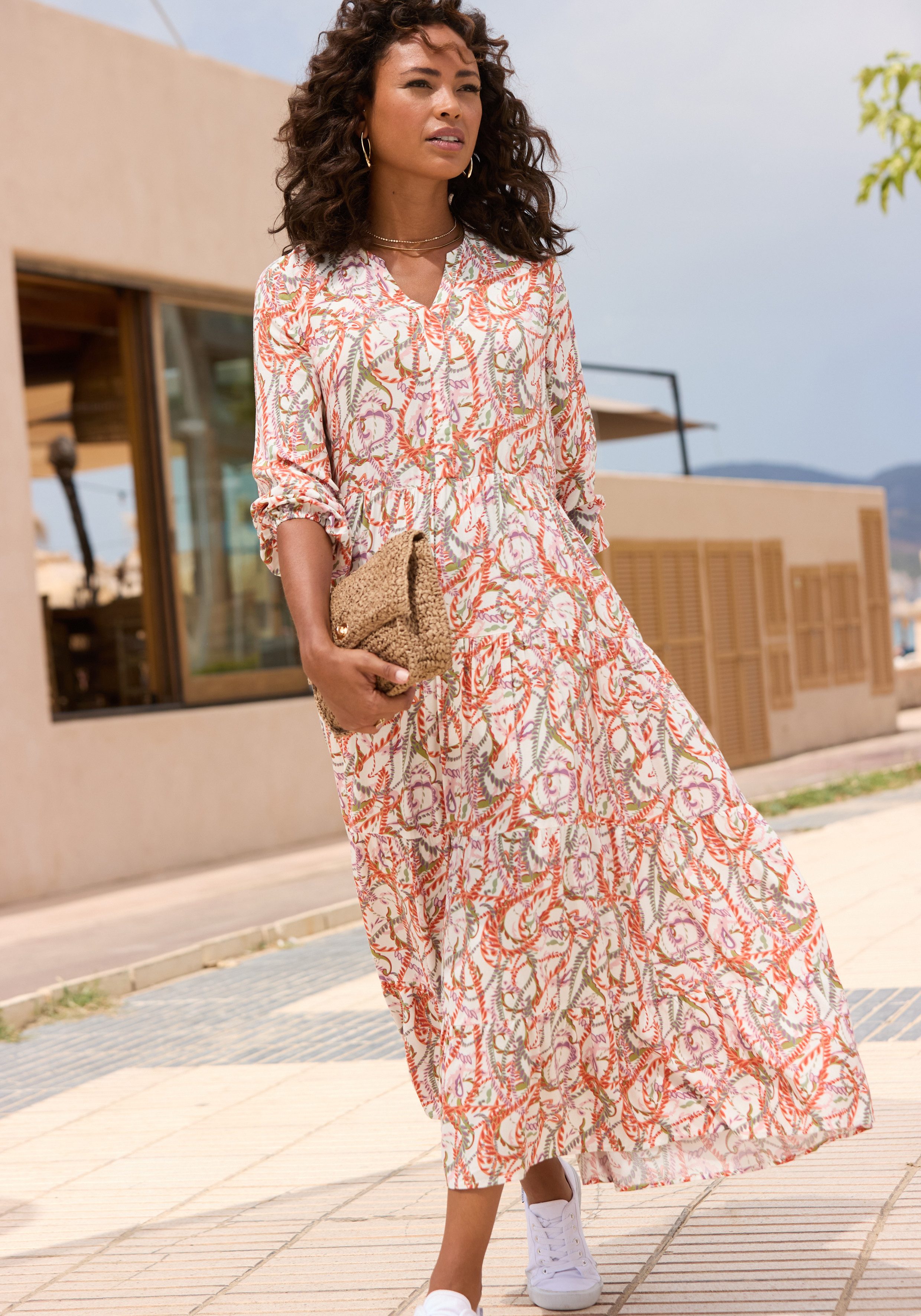 Lascana Maxi-jurk met all-over print en volants, lange mouwen, jurk met print, casual-chic
