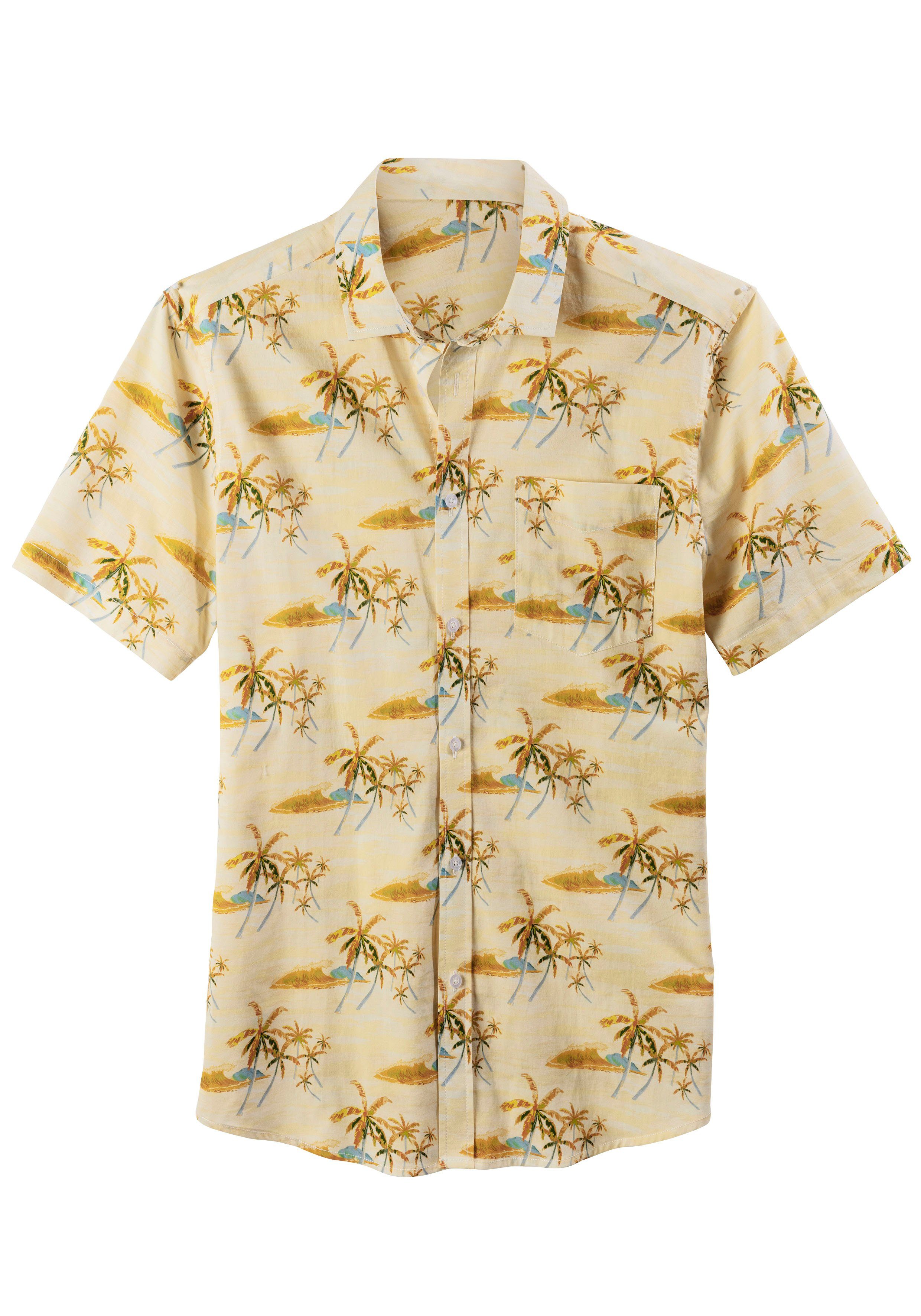 Beachtime Hawaï-overhemd Regular fit korte mouw, vrijetijdshemd met palmprint, puur katoen heren maat L (41/42) geel