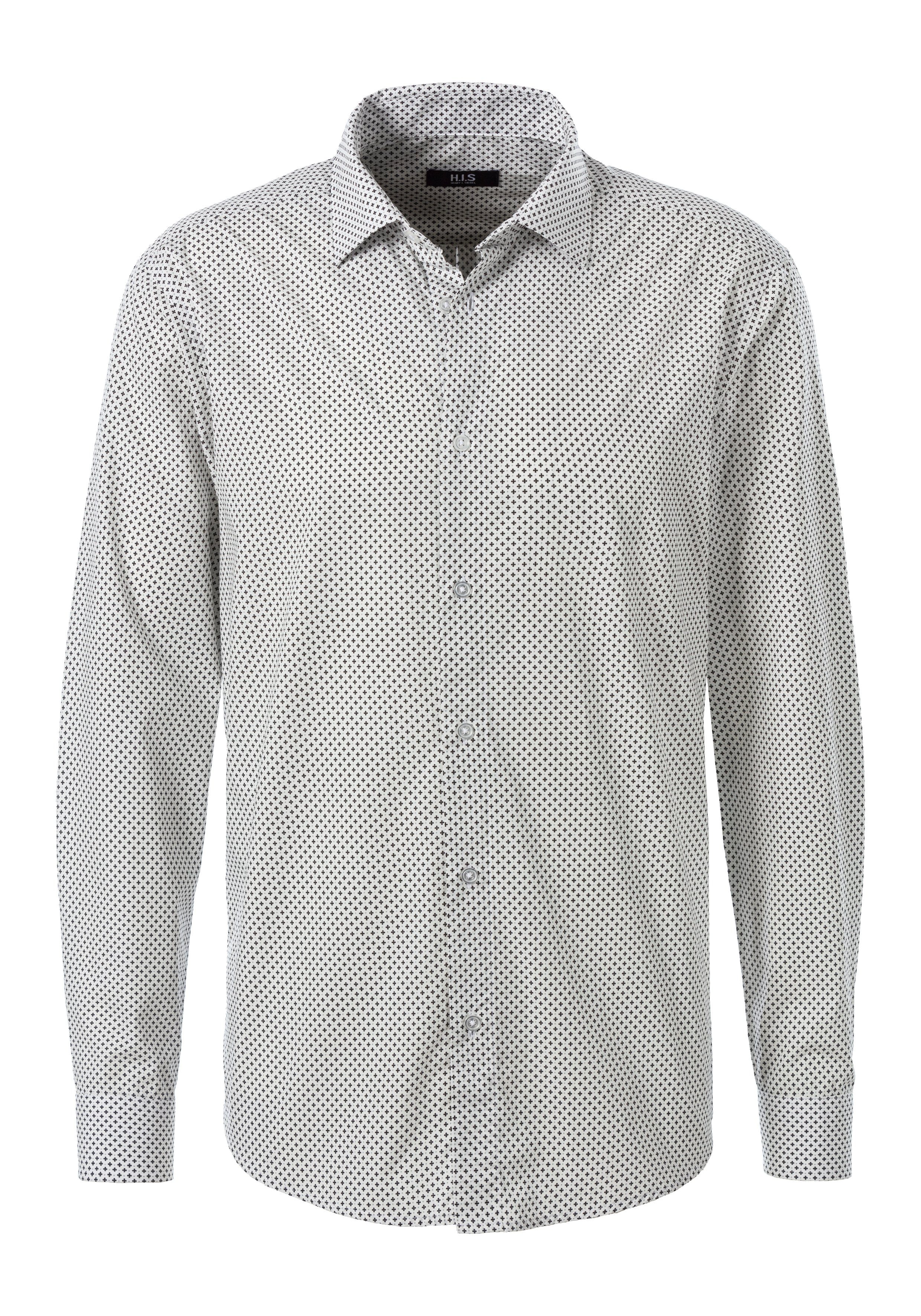 H.I.S Overhemd met lange mouwen Regular fit met haifiskraag en all-over print van zuiver katoen heren maat L (41/42) grijs