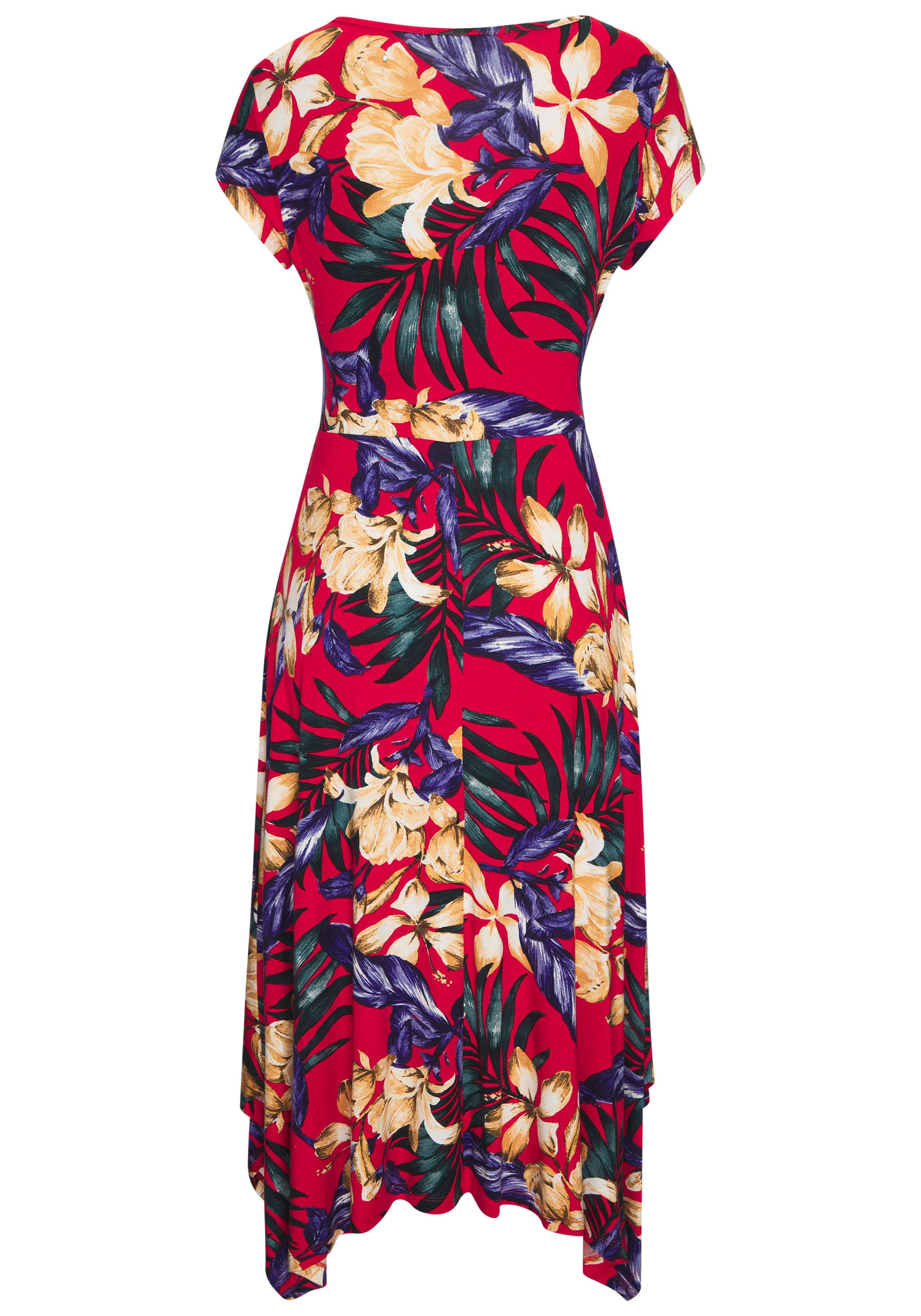 Lascana Zomerjurk met puntige zoom en strik in de taille, jersey jurk, strandjurk