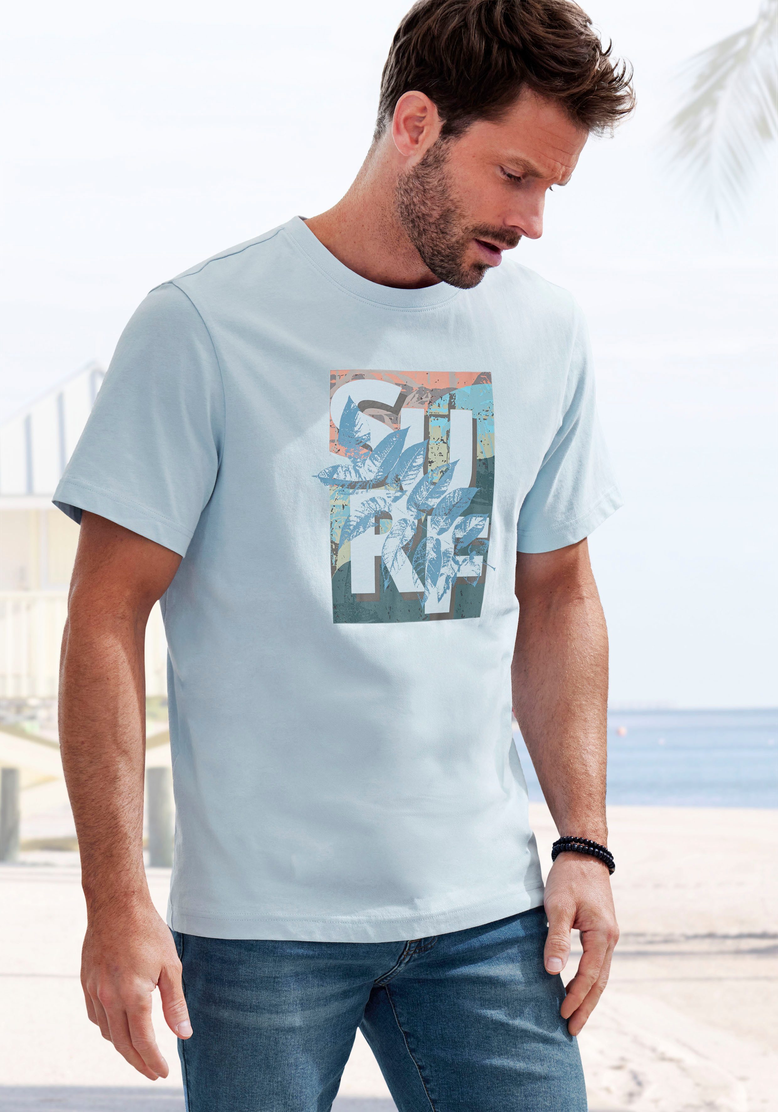 John Devin T-shirt Ronde hals shirt met surf-print van 100% katoen