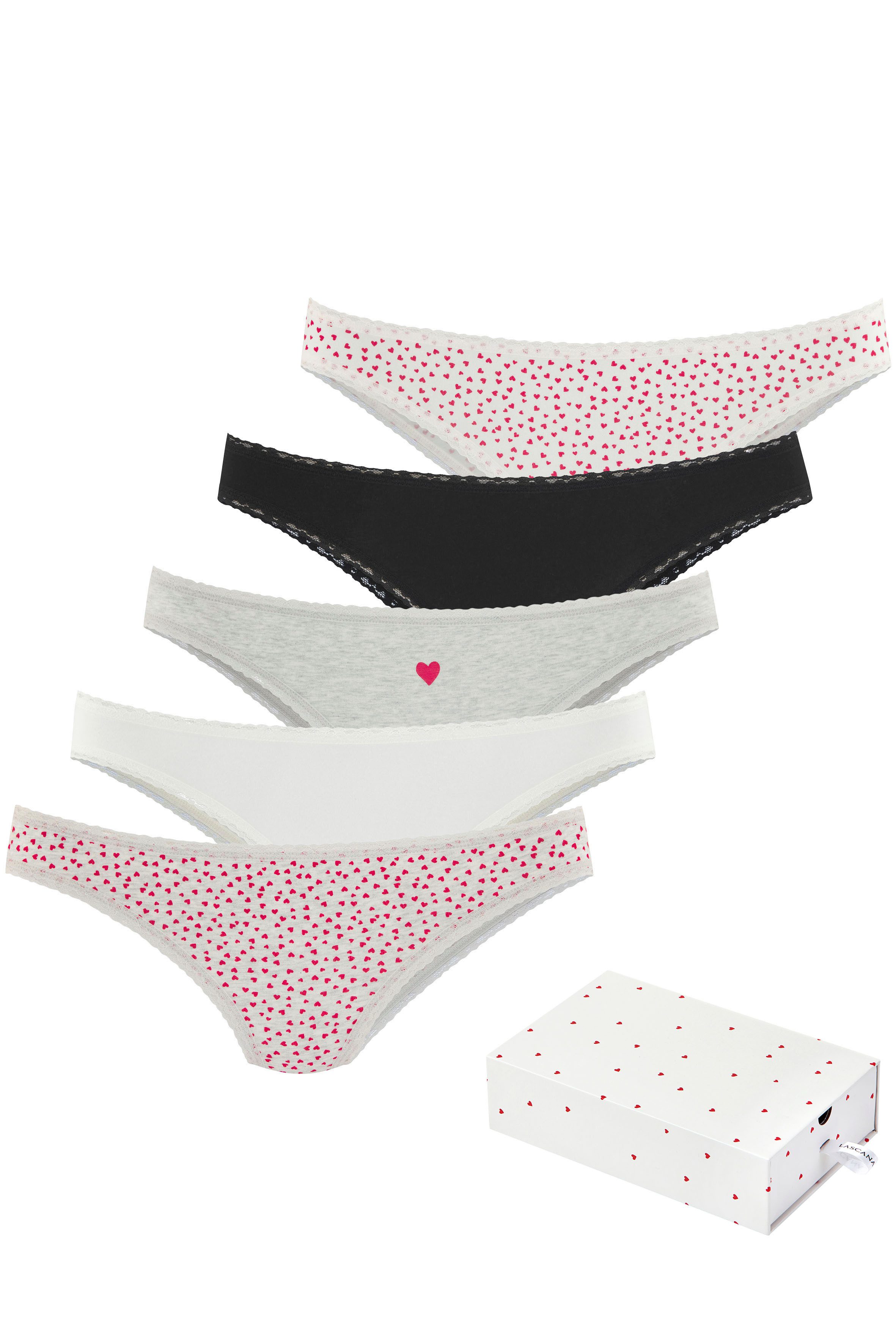Lascana Brazilian slip met schattige hartjesprints en van elastische katoenkwaliteit (Set van 5)