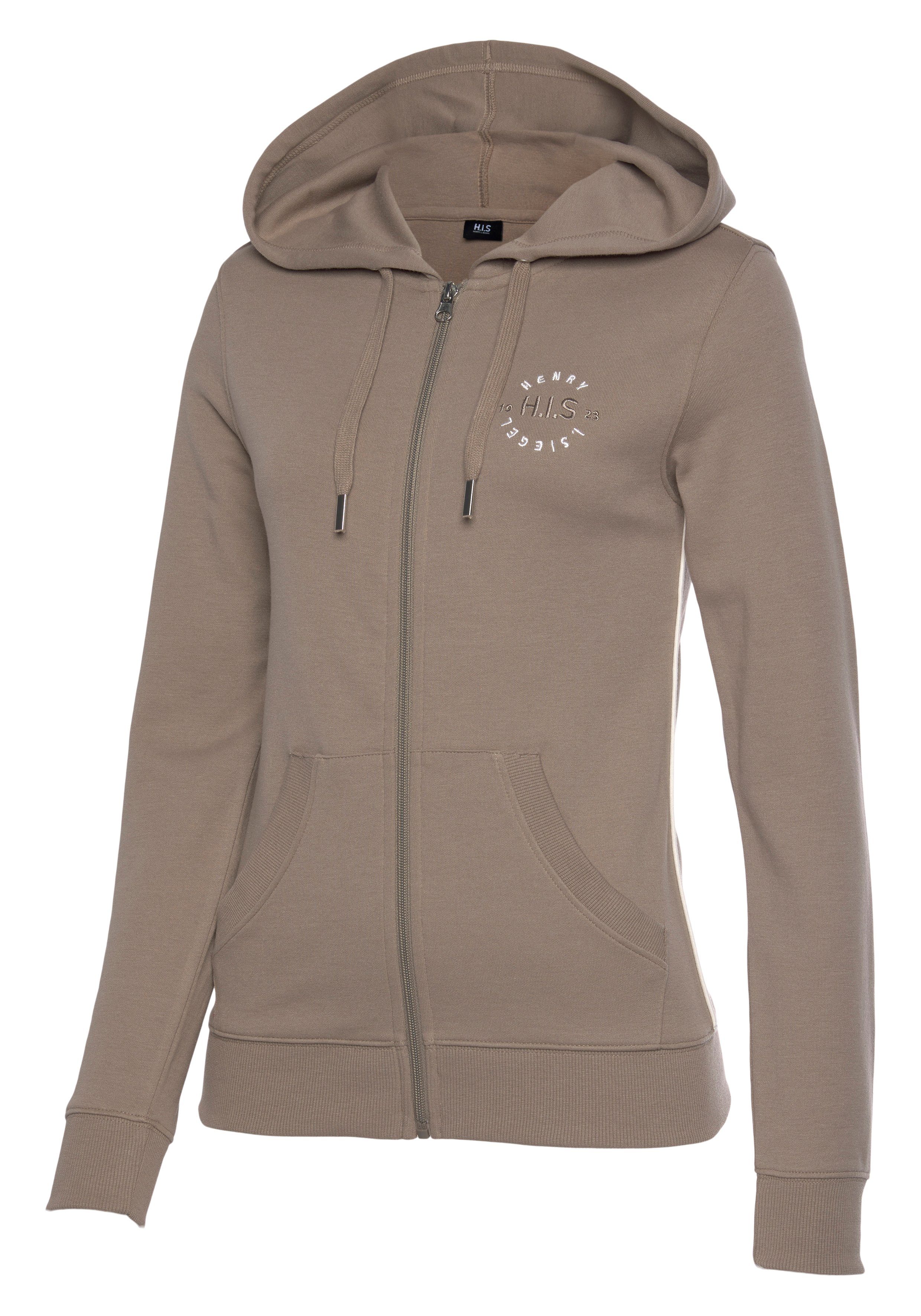 H.I.S Capuchonsweatvest met zijpiping en kleine merkborduurwerk, loungepak