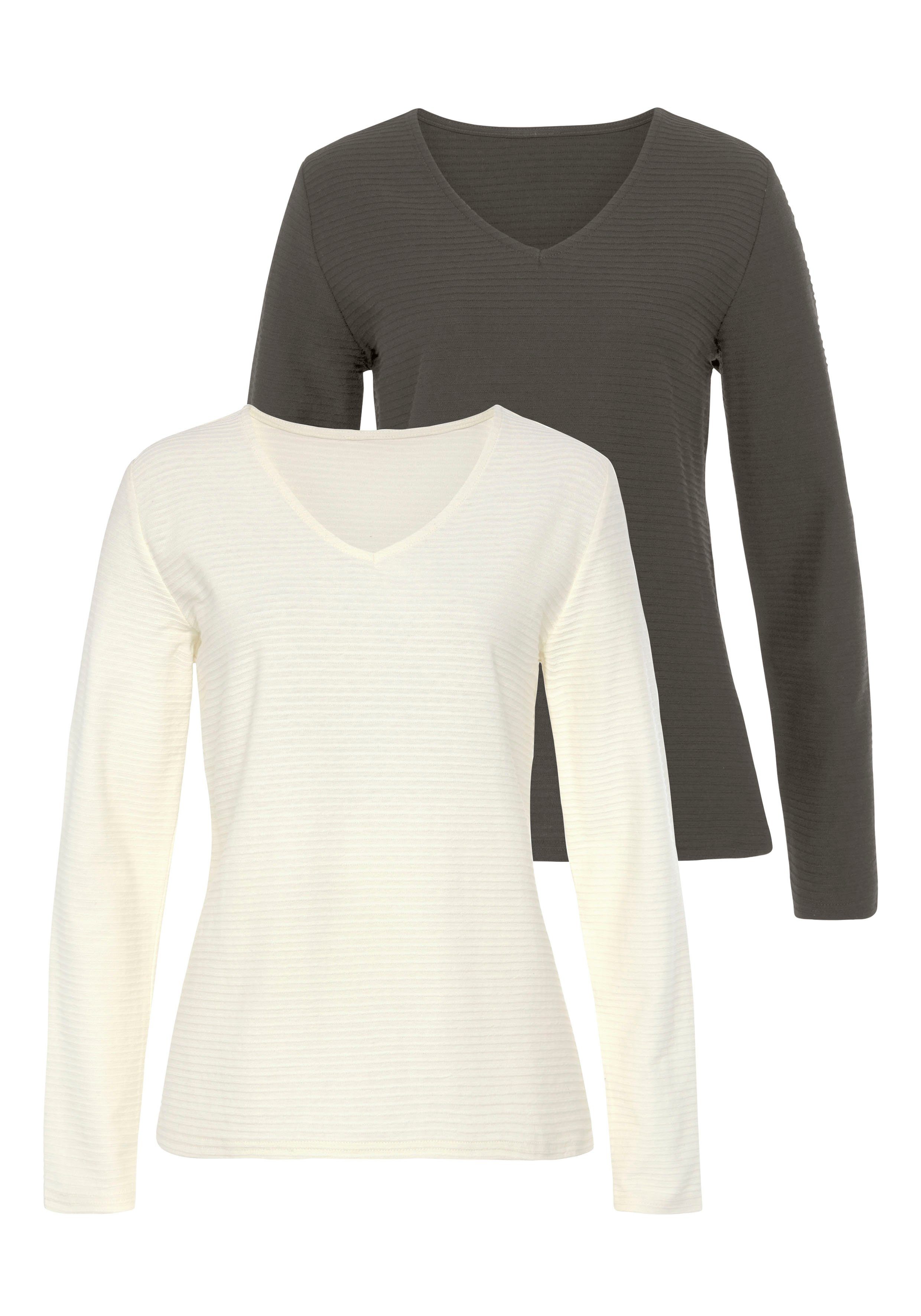 Lascana Shirt met lange mouwen Met streepstructuur in een zachte katoenkwaliteit (2-delig, Set van 2)