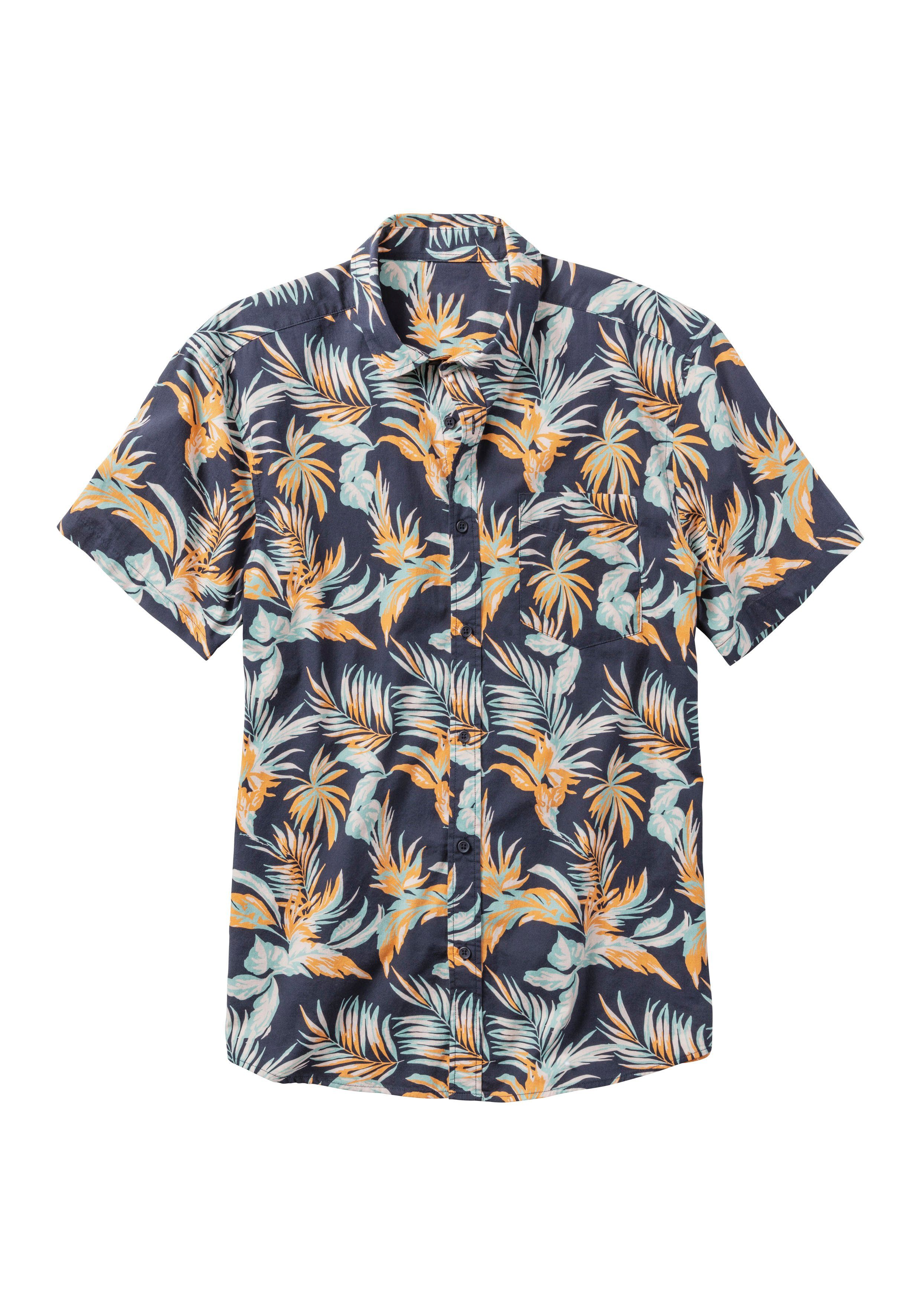 John Devin Hawaï-overhemd Regular fit Korte mouwen, vrijetijdsshirt met palmprint van 100% katoen heren maat L (41/42) blauw