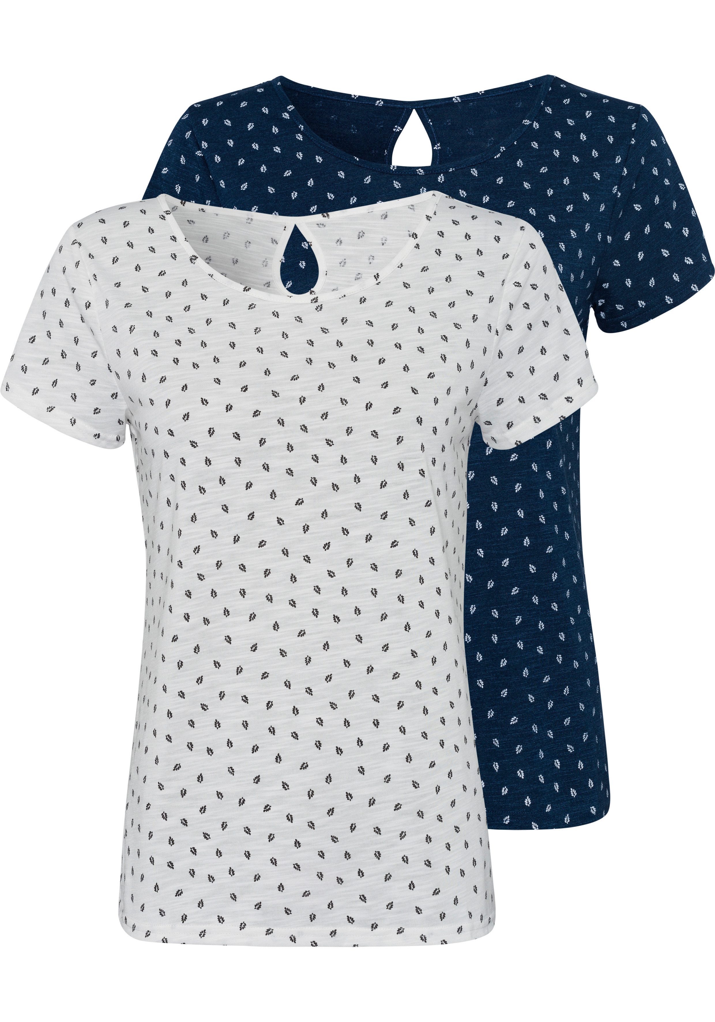 Lascana T-shirt met leuke bladprint en cut-out in de nek (Set van 2)