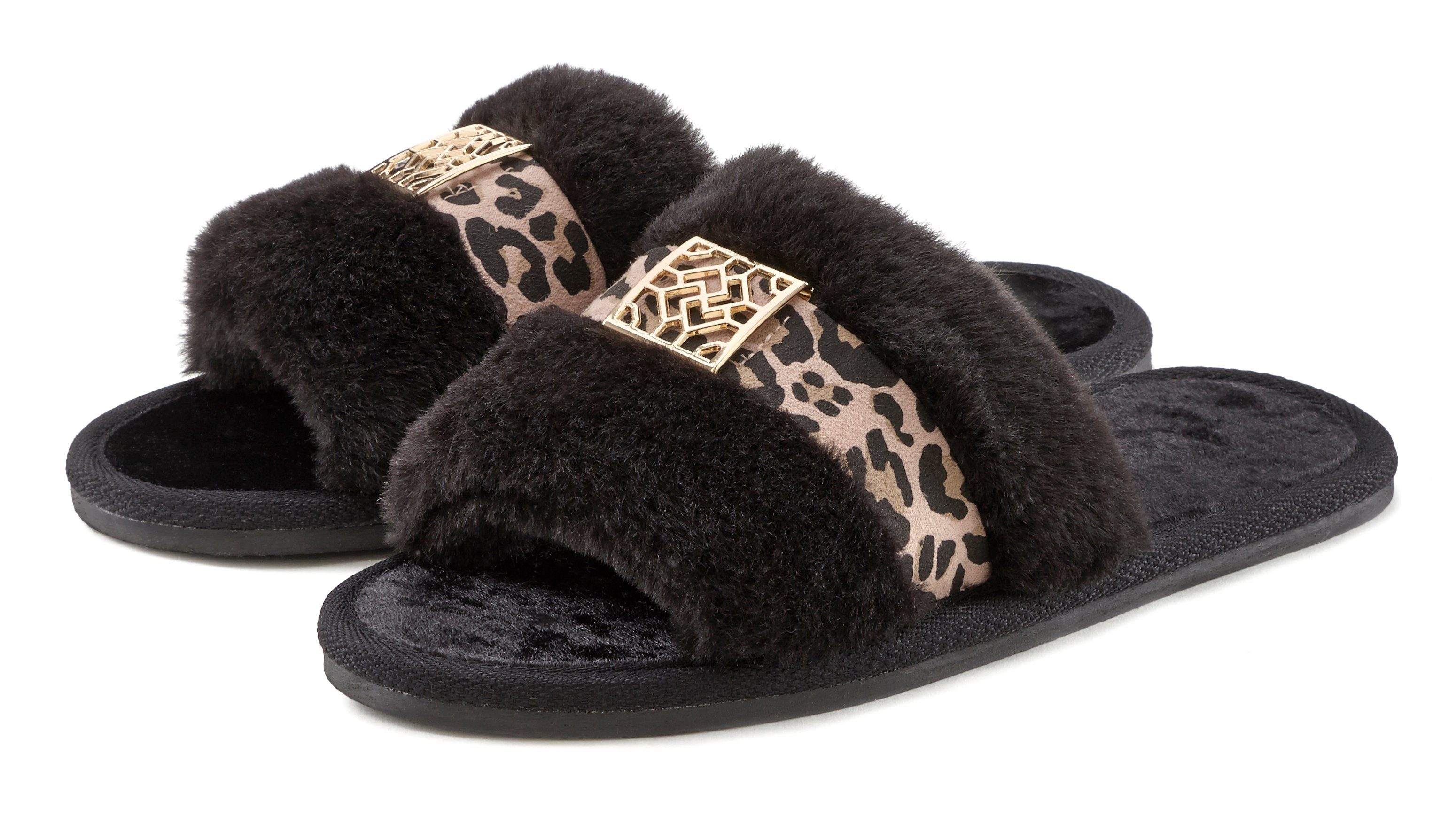 Vivance Slippers Pantoffel, pluche pantoffel, met knuffelig faux-bont en dierenprint vegan
