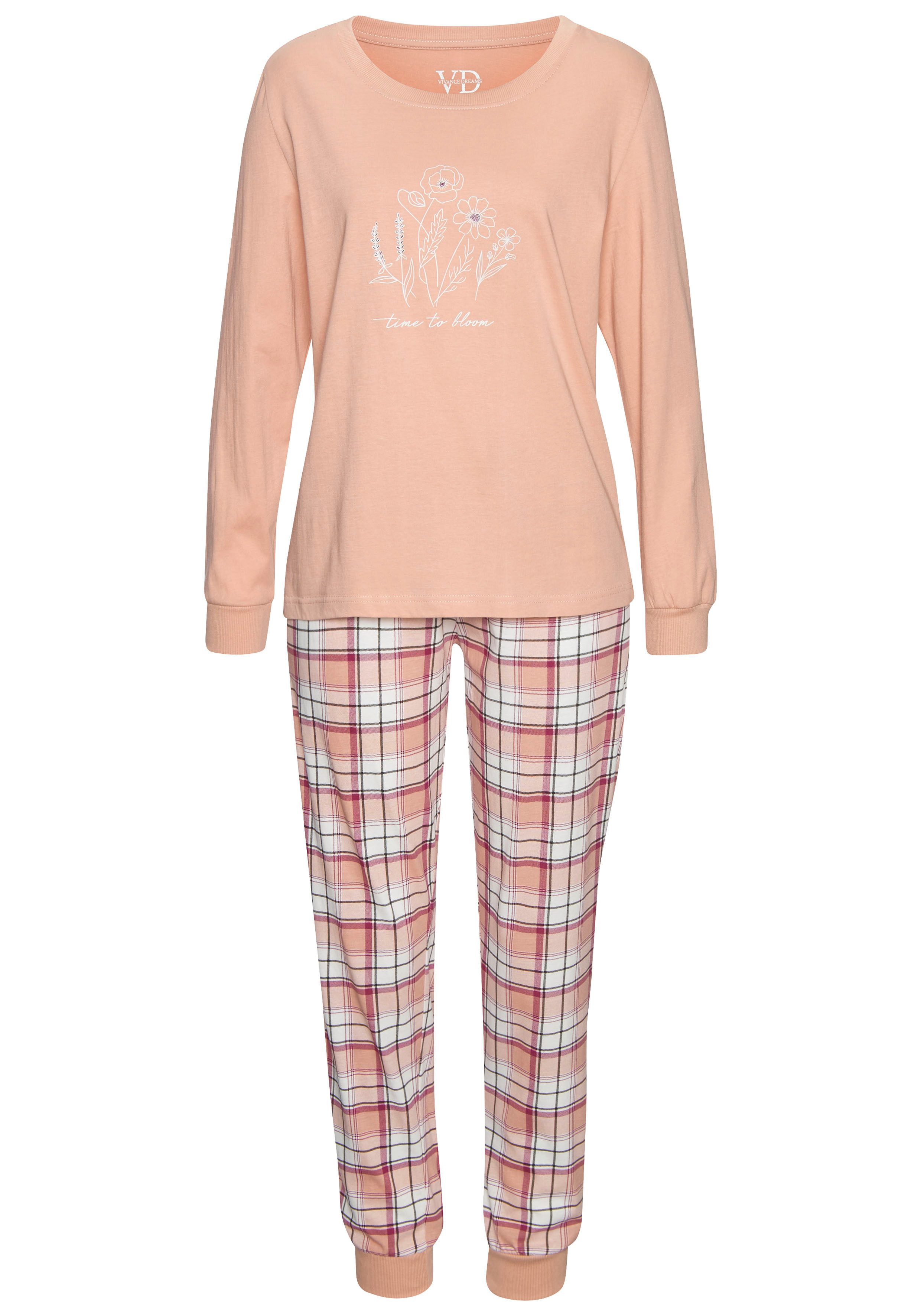 Vivance Dreams Pyjama Lange mouwen shirt met schattige voorprint en geruite broek (Set van 2)