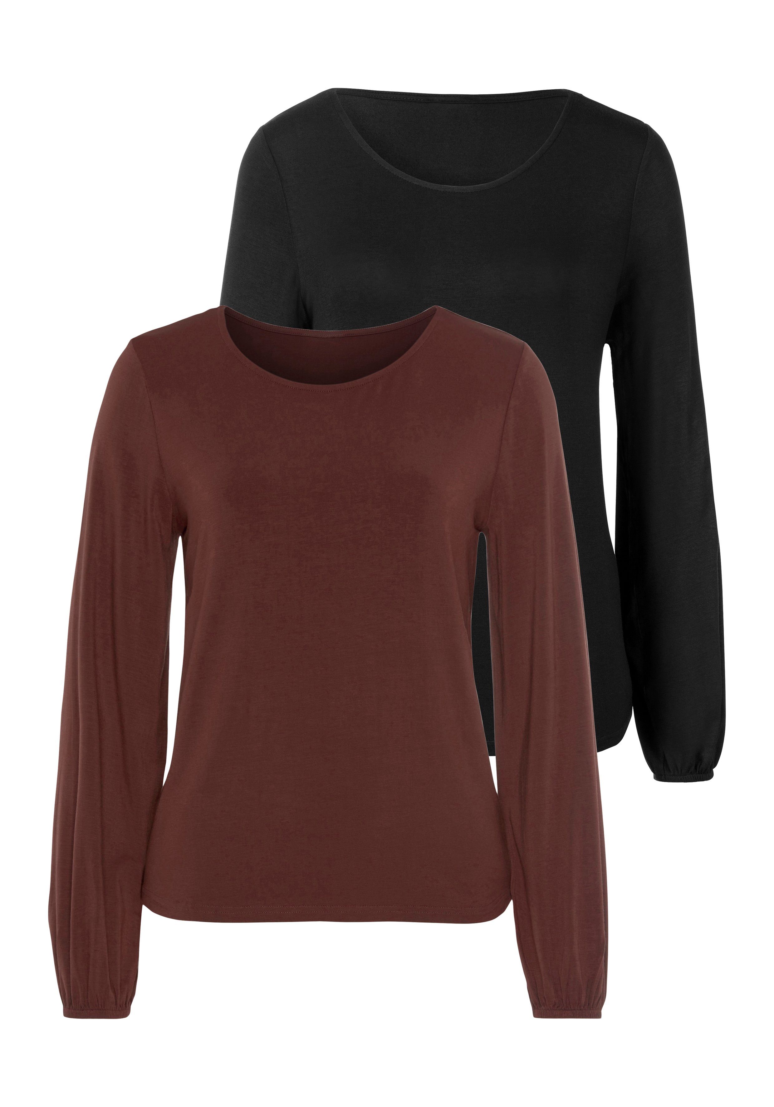 Lascana Shirt met lange mouwen Met wijde mouwen van zachte viscose-stretch (2-delig, Set van 2)
