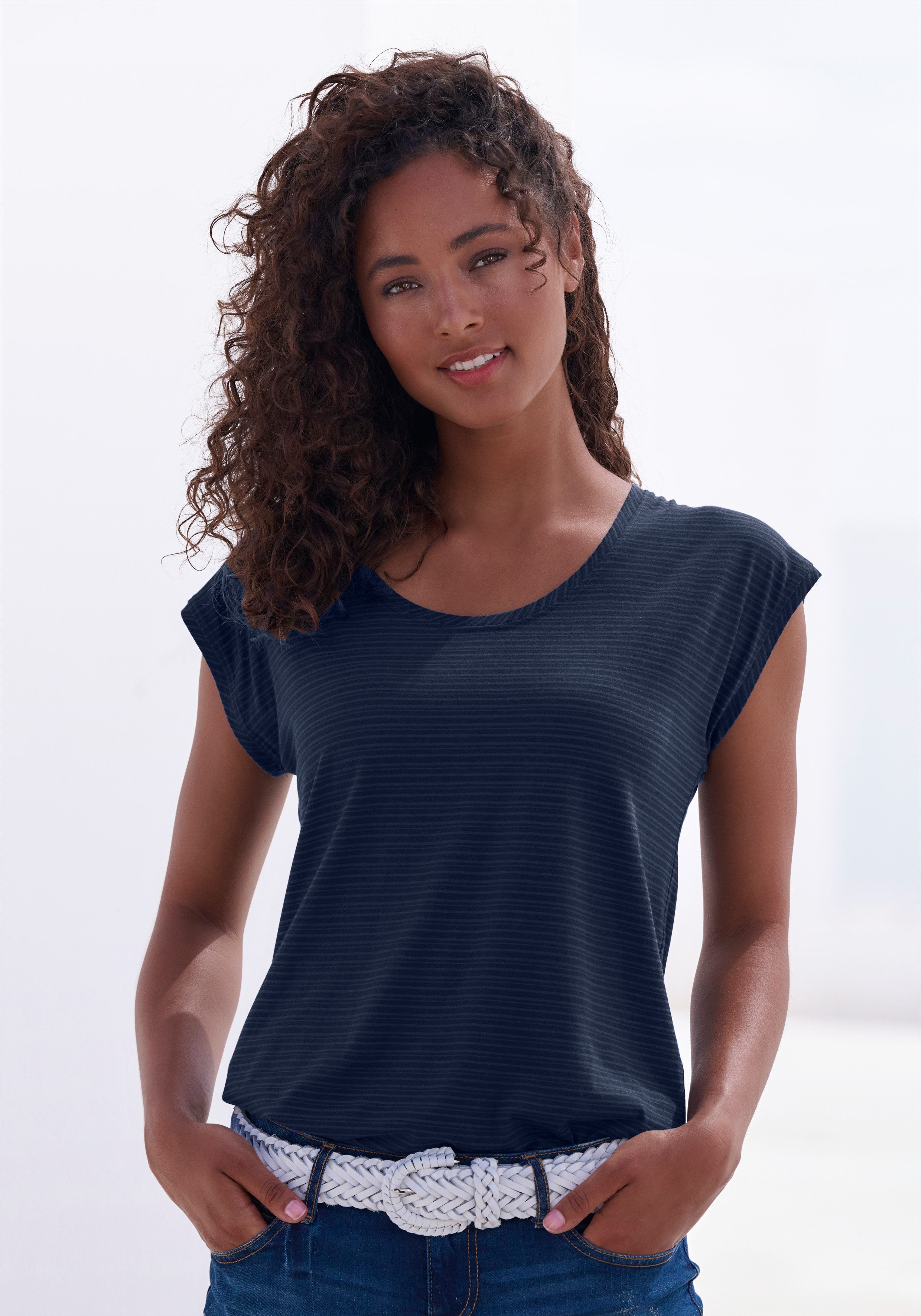 Beachtime Shirt met korte mouwen Met lichtdoorlatende strepen in zachte katoen-viscosekwaliteit (Set van 2)