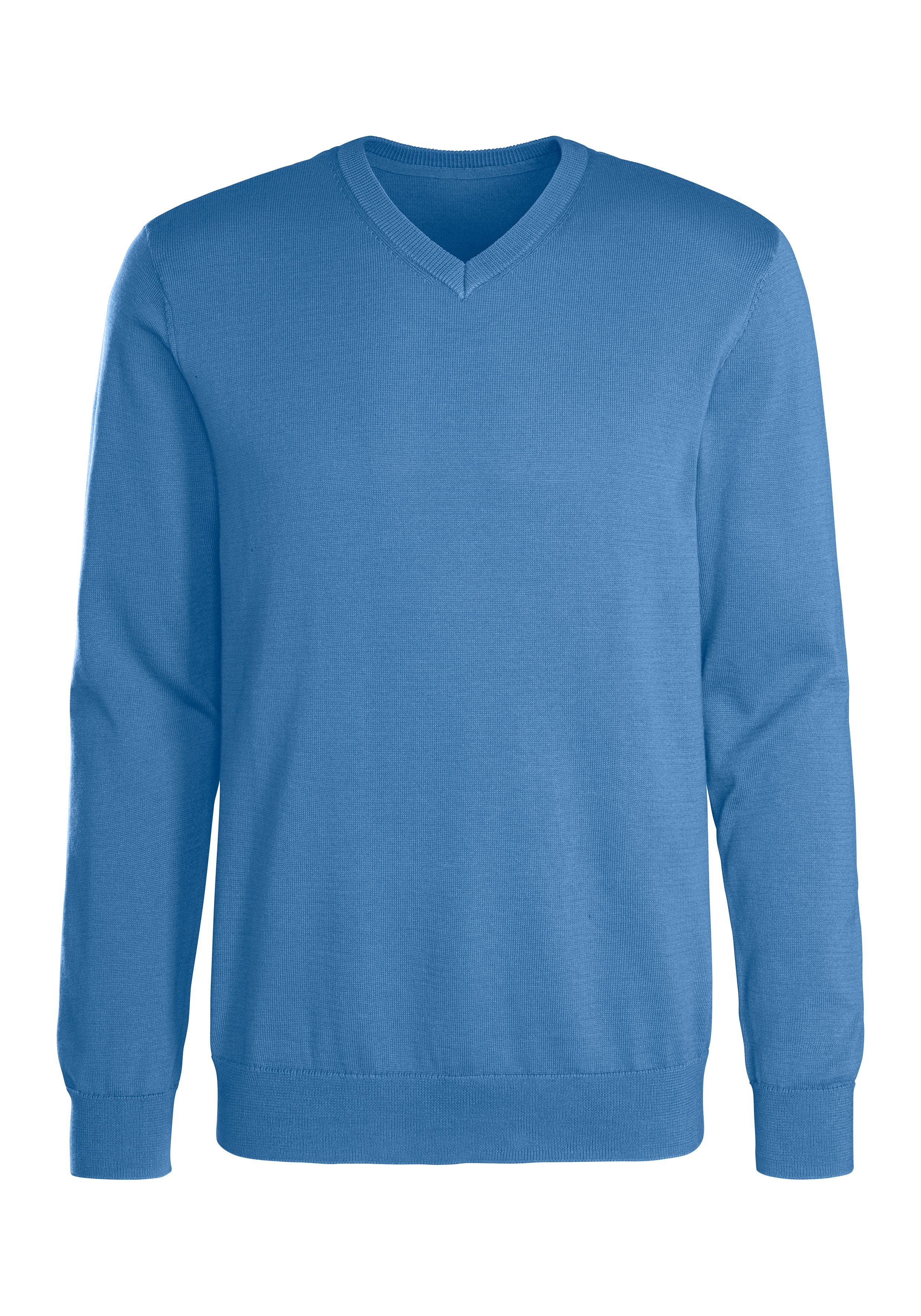 H.I.S Gebreide trui met v-hals, pullover van fijn breiwerk, katoenmix heren maat L (52/54) blauw
