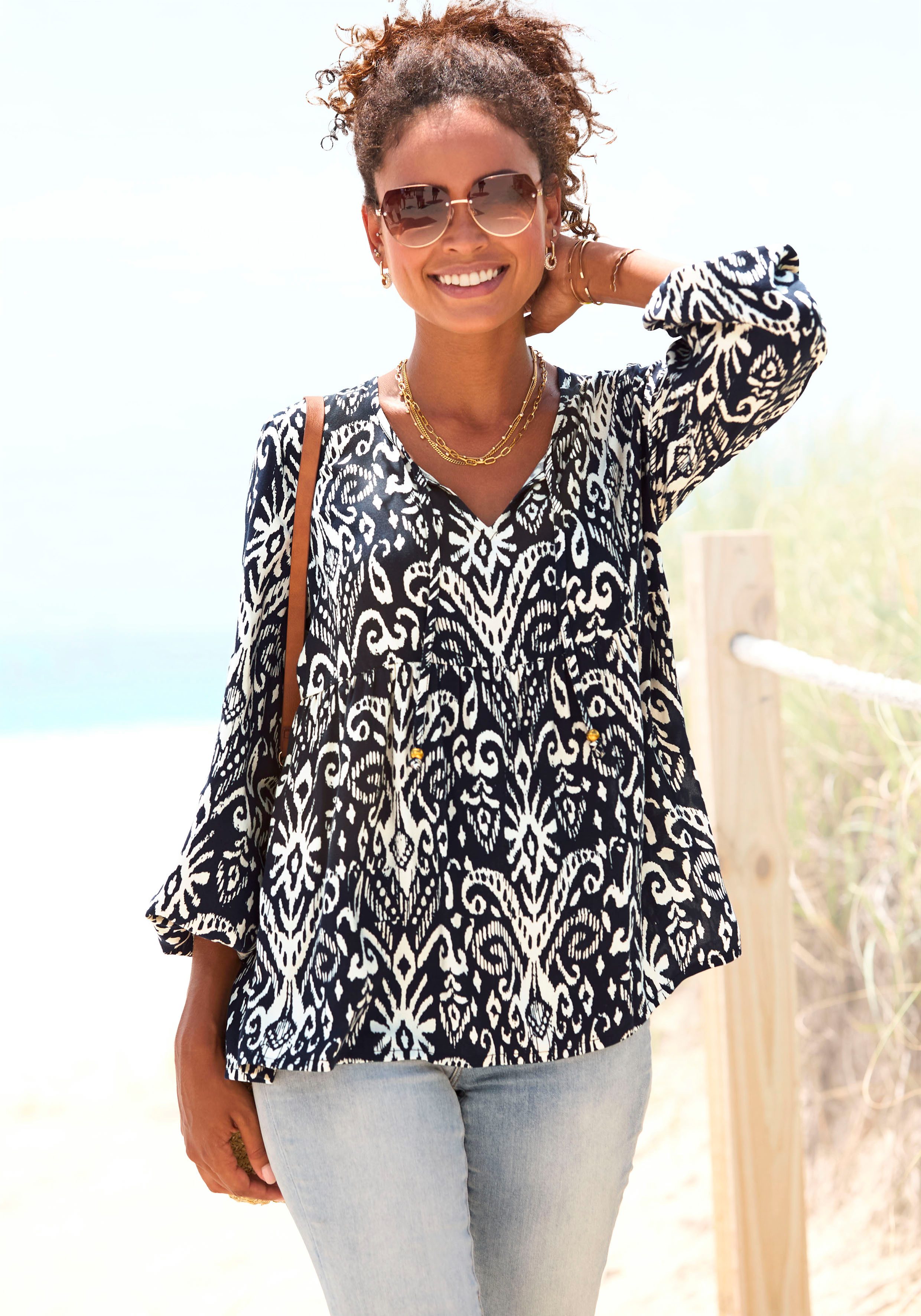 Vivance Blouse met lange mouwen met ballonmouwen, luchtige tuniek met alloverprint, boho-stijl