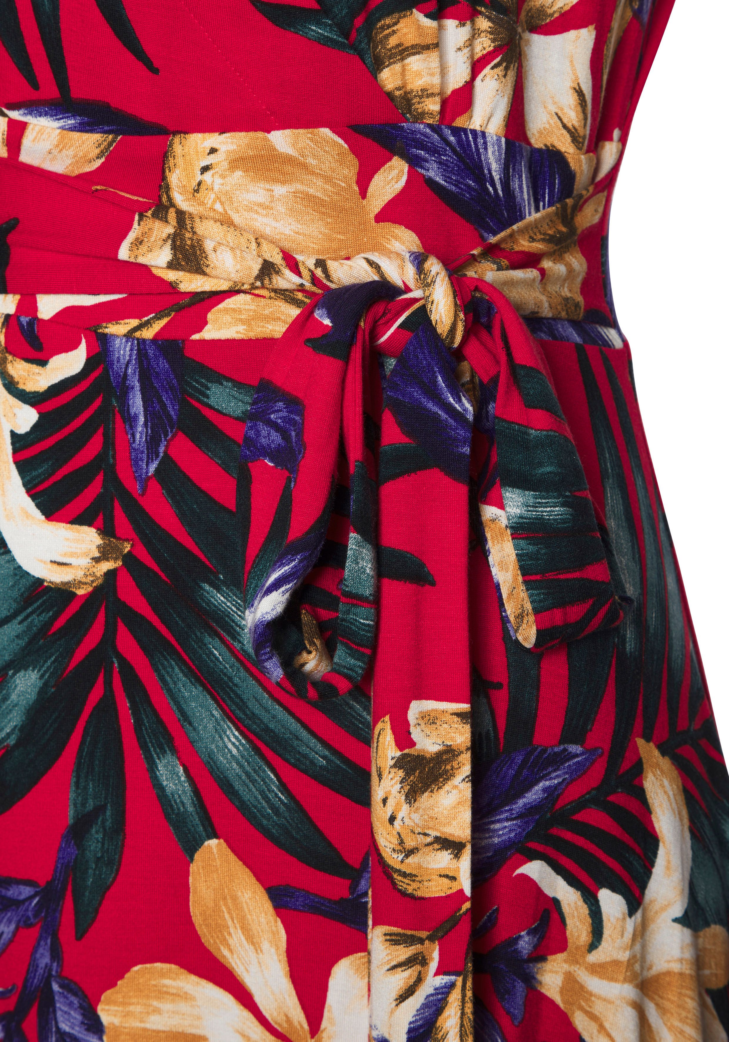 Lascana Zomerjurk met puntige zoom en strik in de taille, jersey jurk, strandjurk