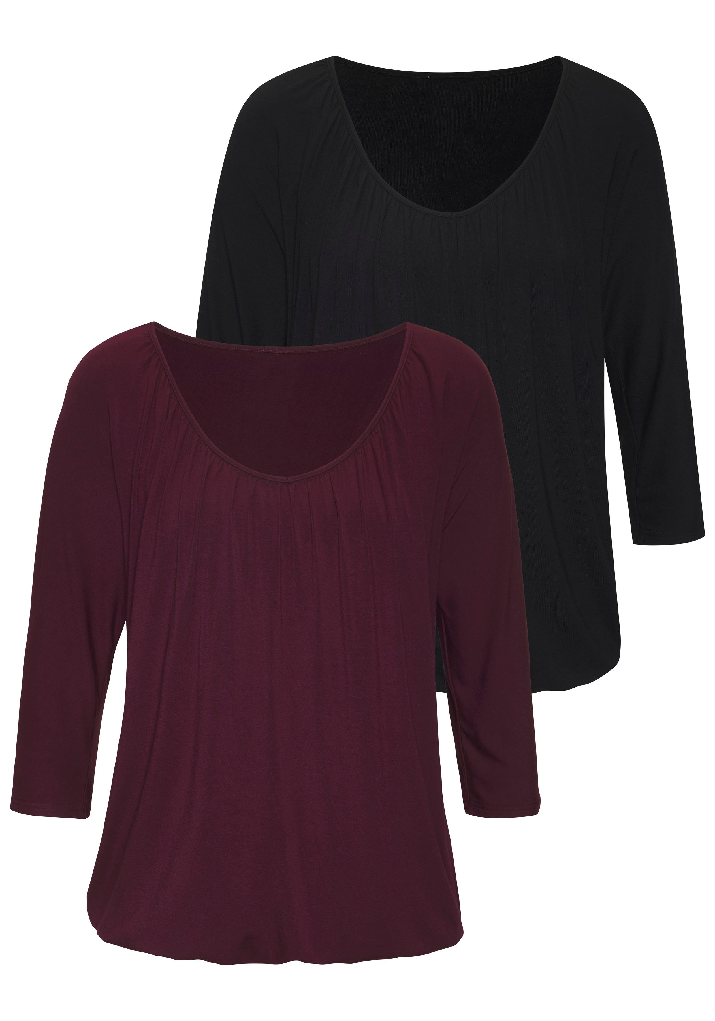 Lascana Shirt met 3/4 mouwen Met fijne plooien bij de hals (Set van 2)