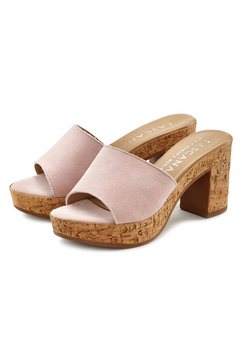 lascana slippers van leer met comfortabele blokhak in kurk-look roze