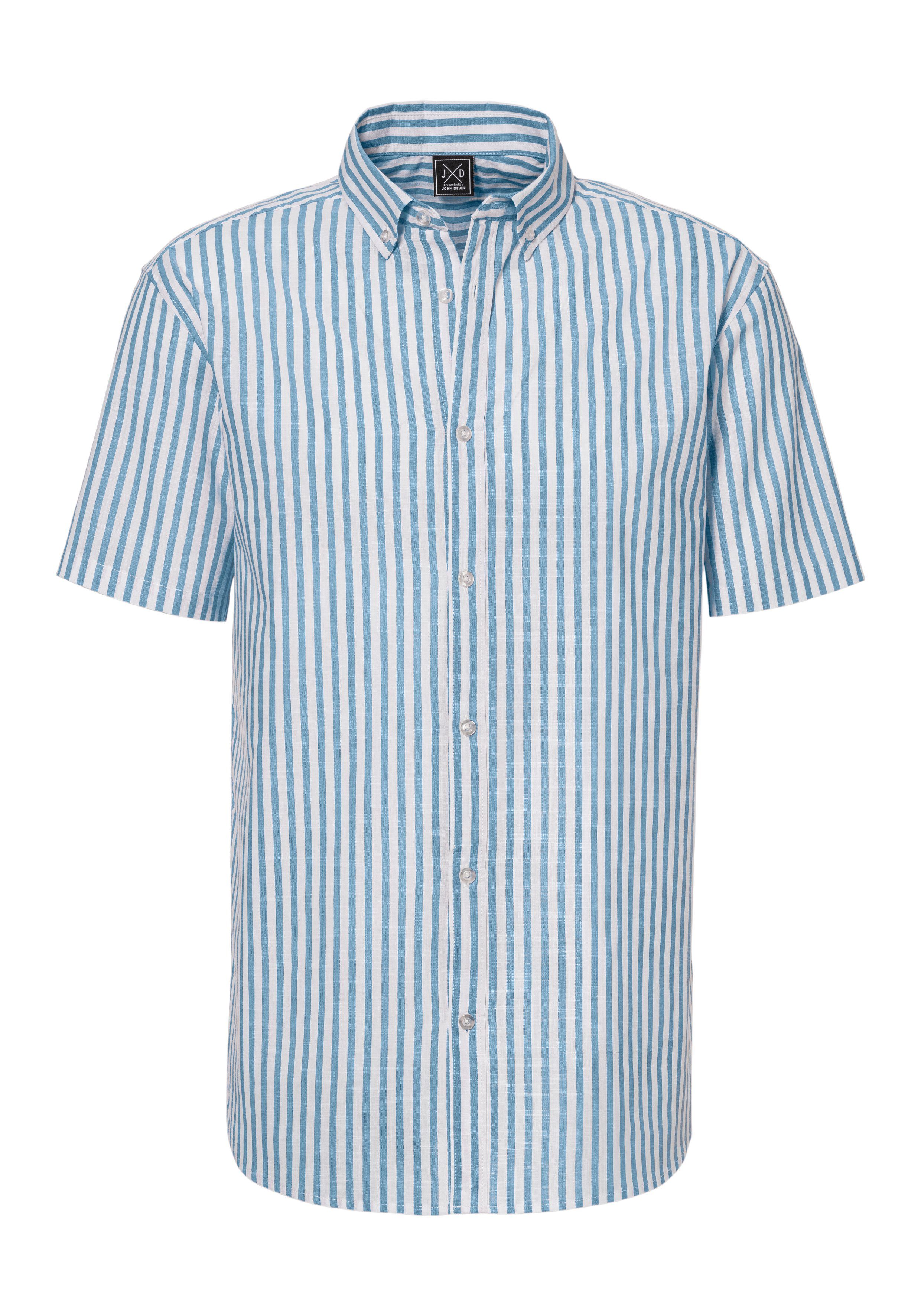 John Devin Overhemd met korte mouwen Regular fit Gestreept overhemd met button-down-kraag van 100% katoen heren maat S (37/38) blauw