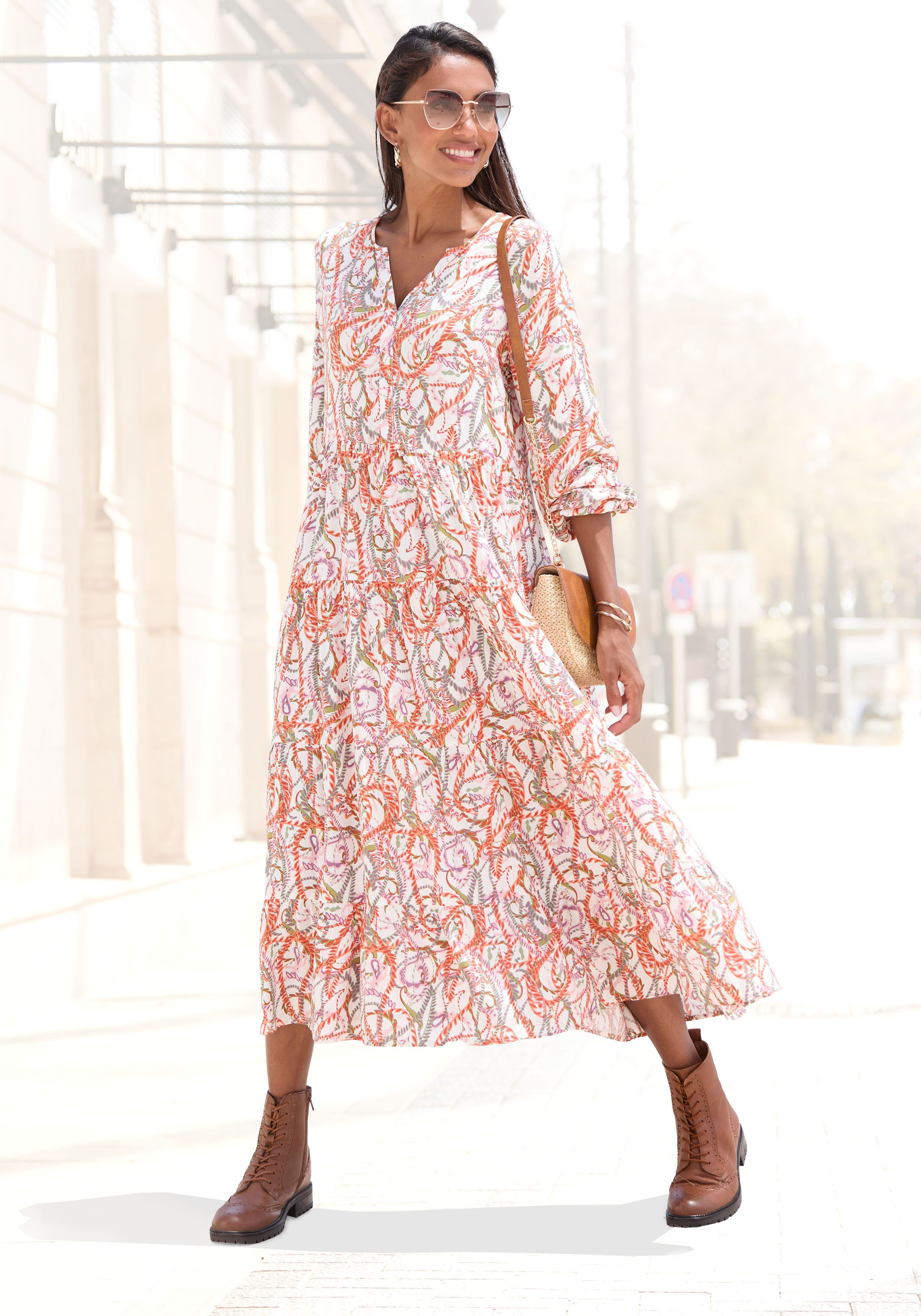 Lascana Maxi-jurk met all-over print en volants, lange mouwen, jurk met print, casual-chic