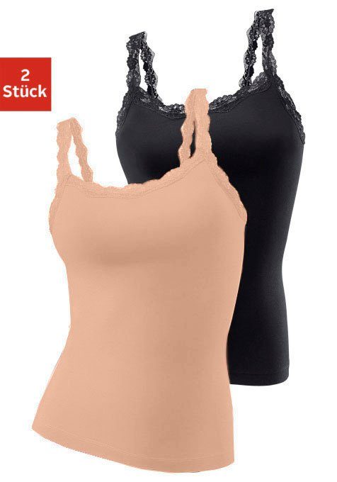 Lascana Hemd van elastische katoen met delicate kant, spaghettiträger-top (2 stuks, Set van 2)