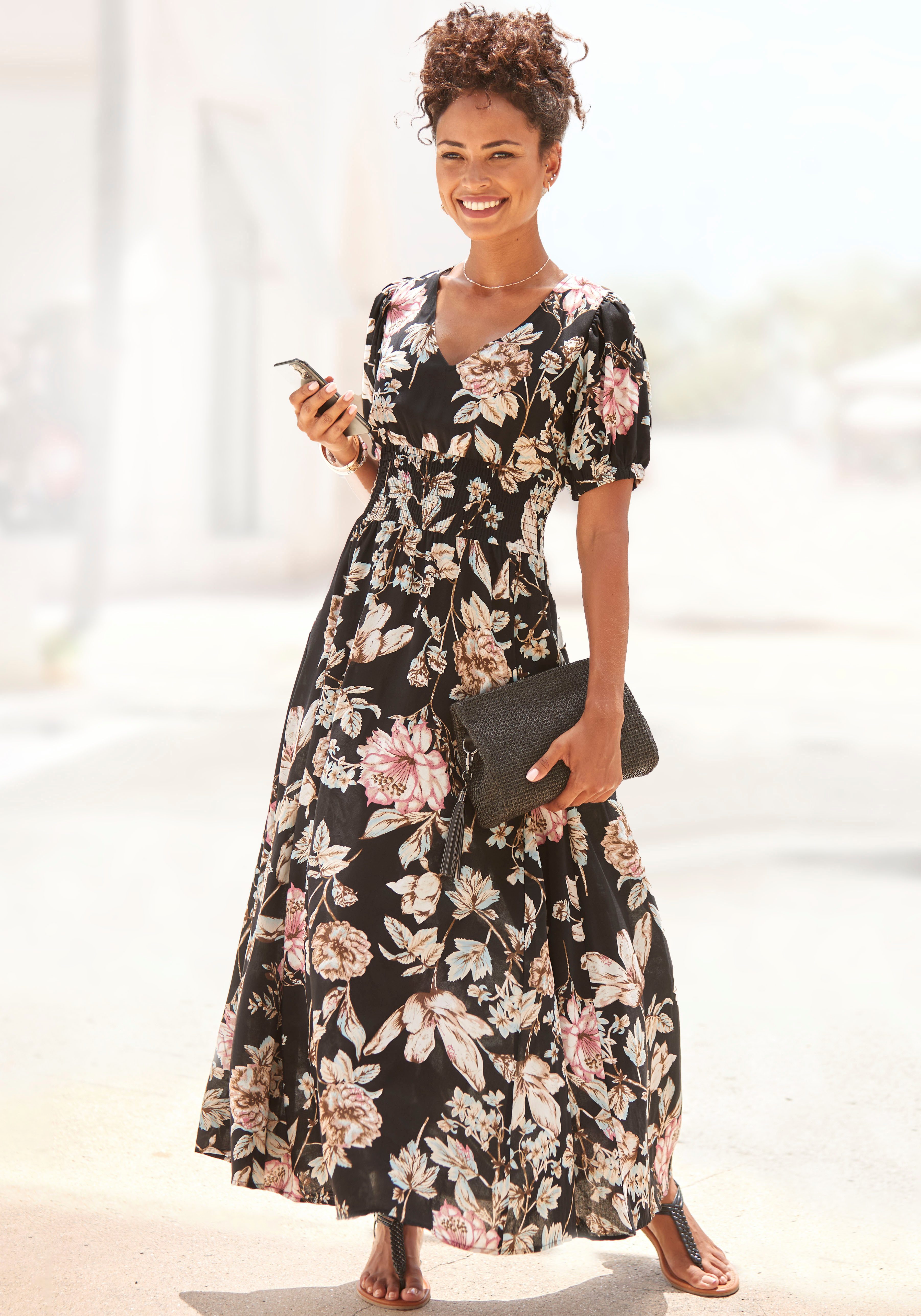 Lascana Maxi-jurk met bloemenprint en lichte pofmouwen, zomerjurk, casual-elegant