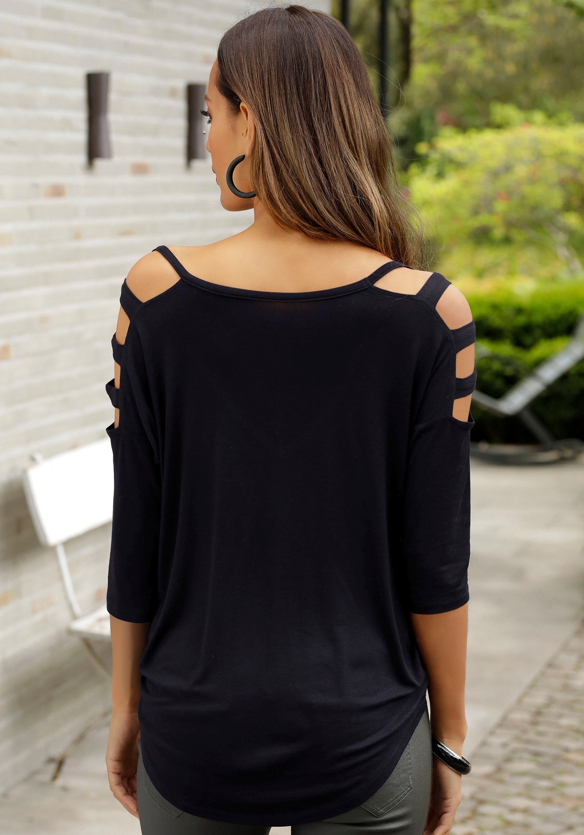Lascana Shirt met 3/4-mouwen met cut-outs, geplooide lange mouwen, off-the-shoulder