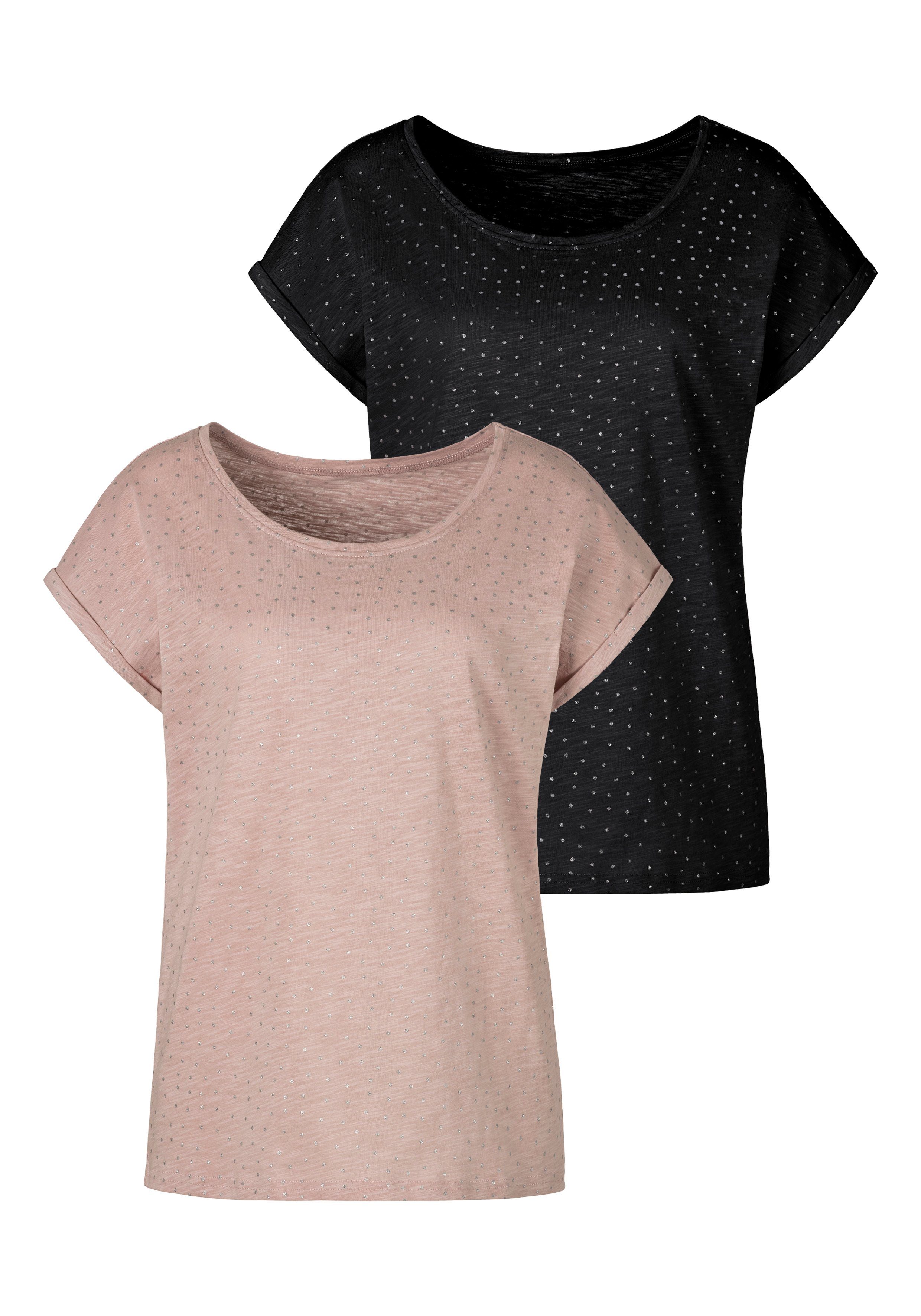 Vivance Shirt met korte mouwen Met zilverkleurige glitterstippen (Set van 2)