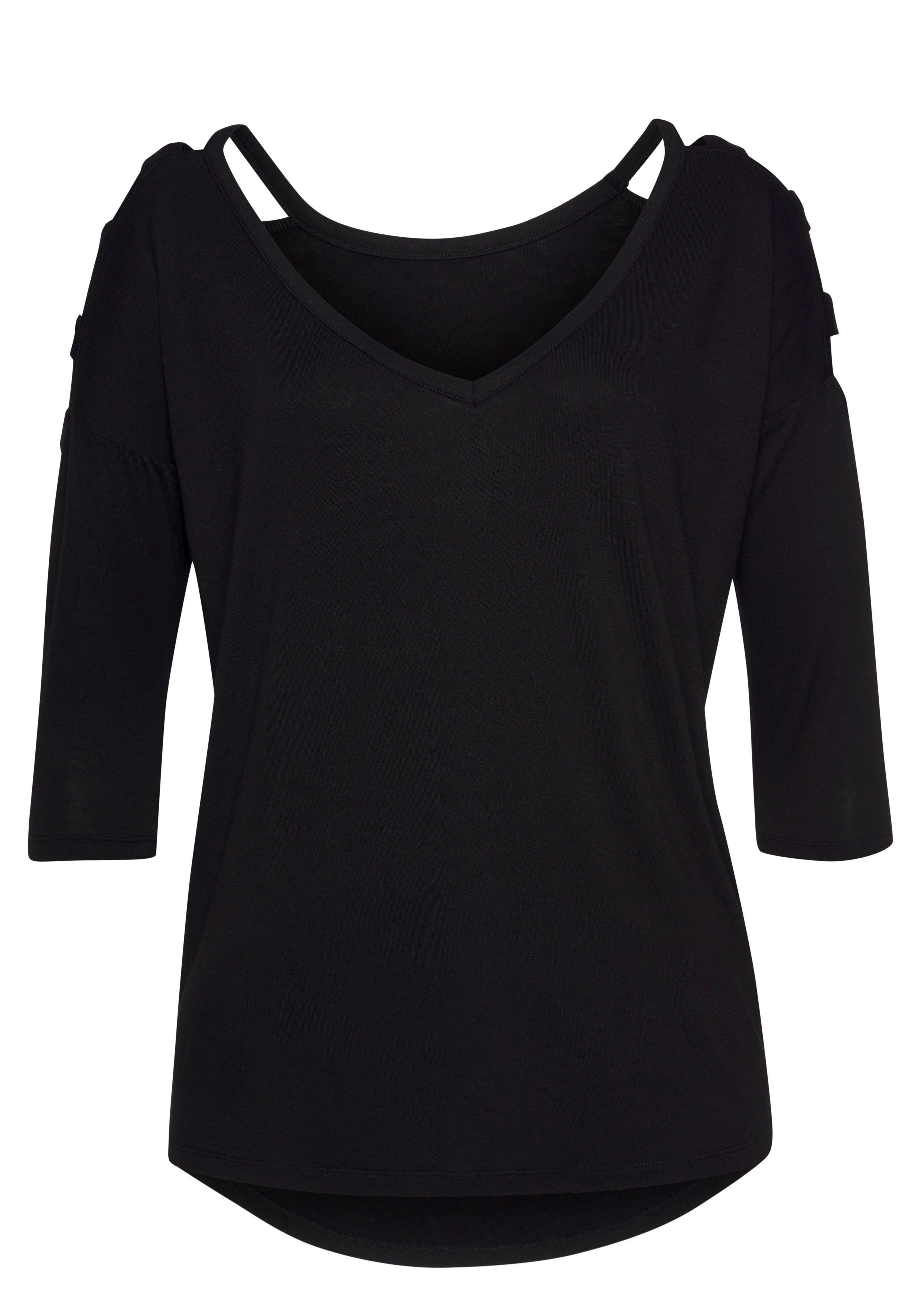 Lascana Shirt met 3/4-mouwen met cut-outs, geplooide lange mouwen, off-the-shoulder shirts maat 32/34 zwart