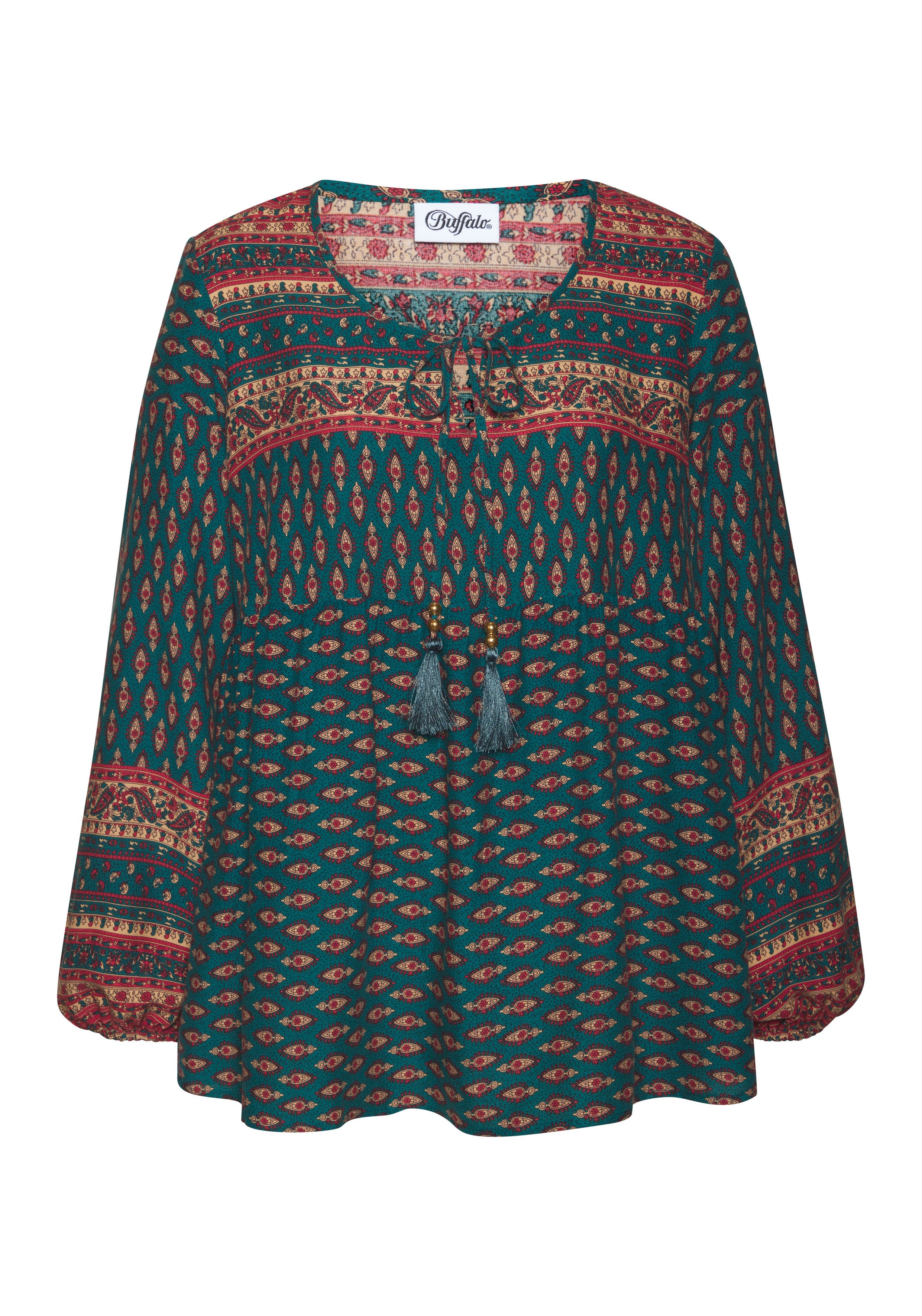 Buffalo Blouse zonder sluiting met etnische print en sierparels, boho-stijl, blouse met lange mouwen