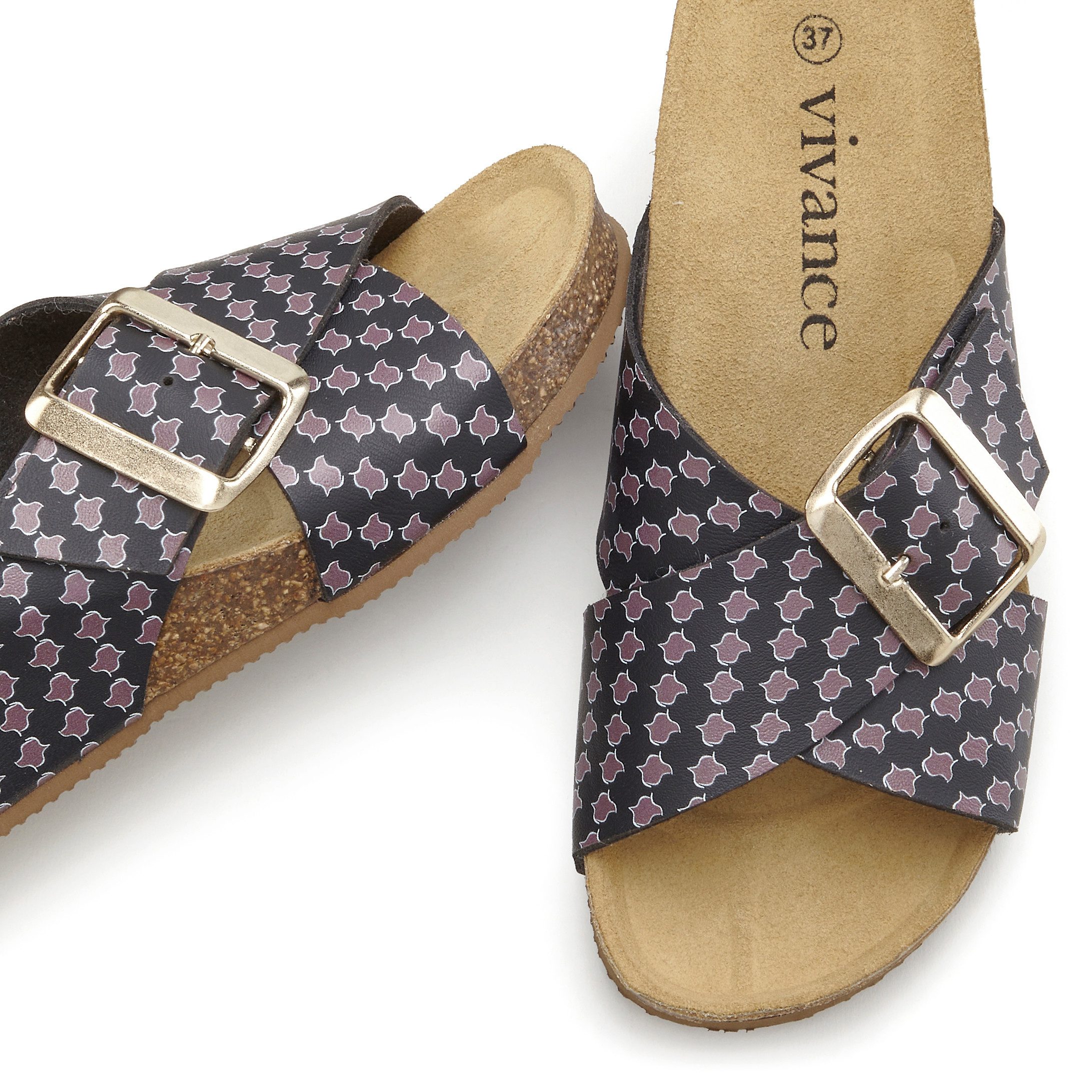 Vivance Slippers Sandaal, mule, open schoen met comfortkurk voetbed van leer, sleehak en print