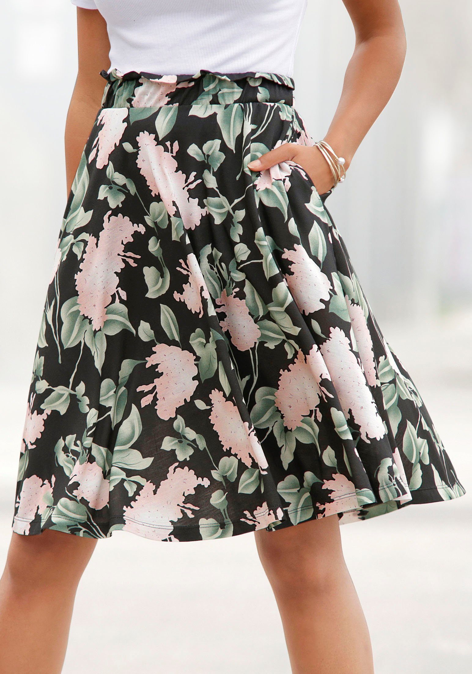 Buffalo Zomerrok met paperbag stijl, tailleband in bloemenprint, midi rok, halflang