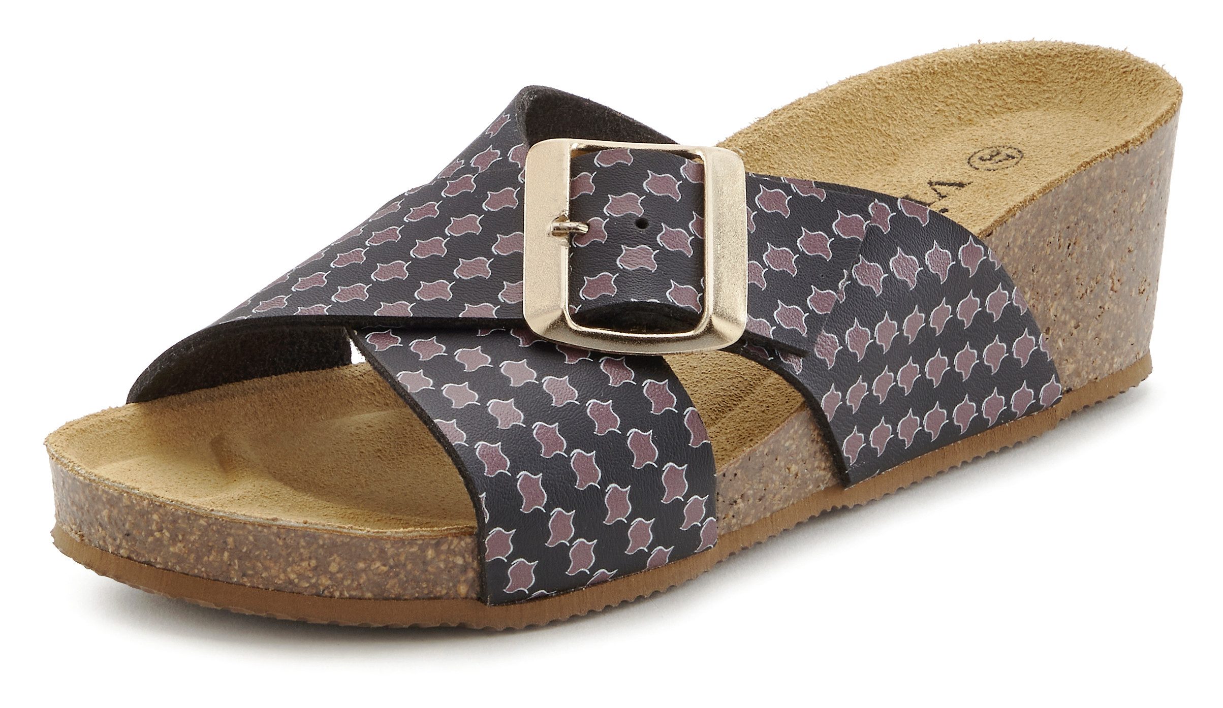 Vivance Slippers Sandaal, mule, open schoen met comfortkurk voetbed van leer, sleehak en print