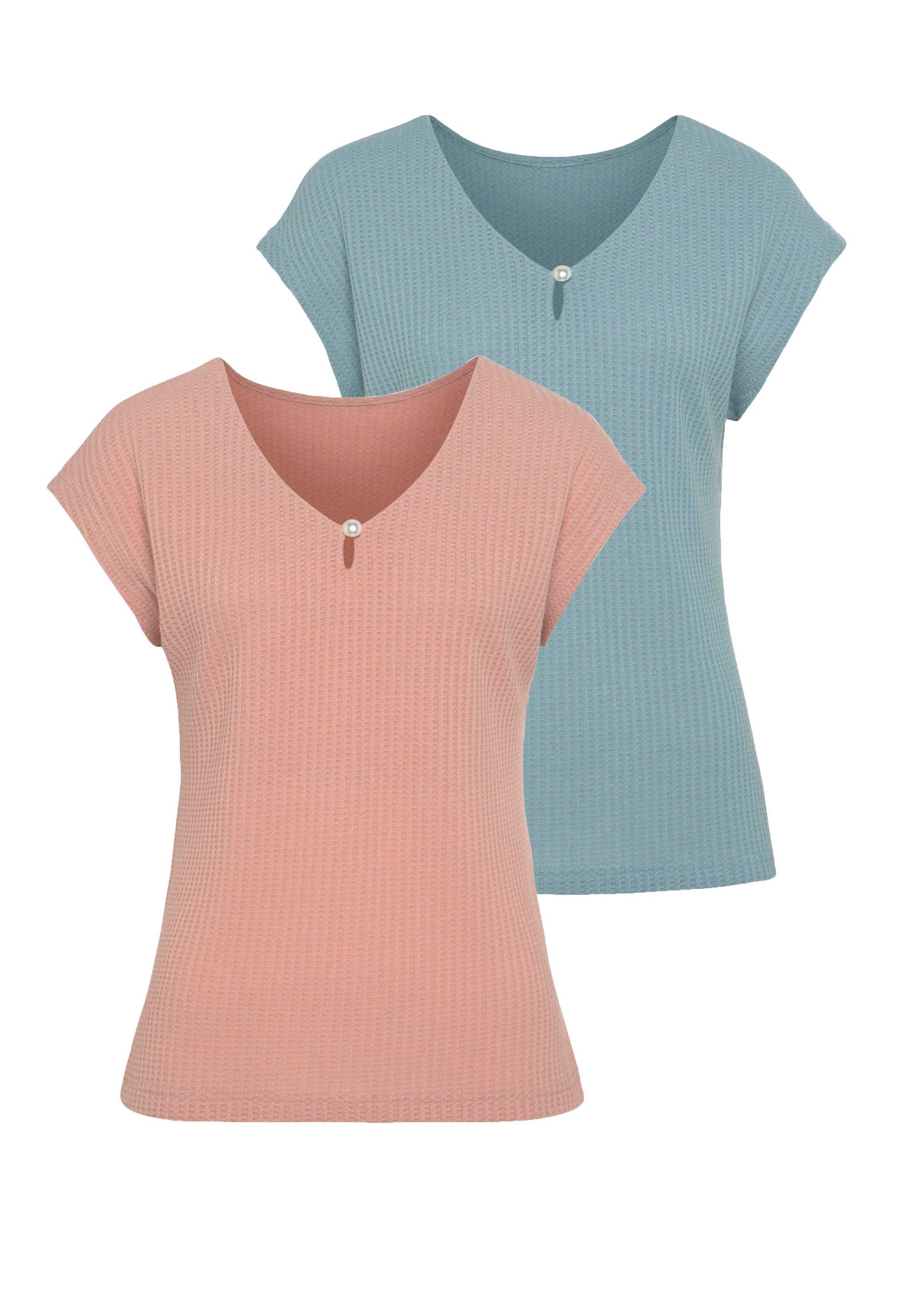 Lascana Shirt met korte mouwen Met sierkraaltje van zachte piquékwaliteit (2-delig, Set van 2)