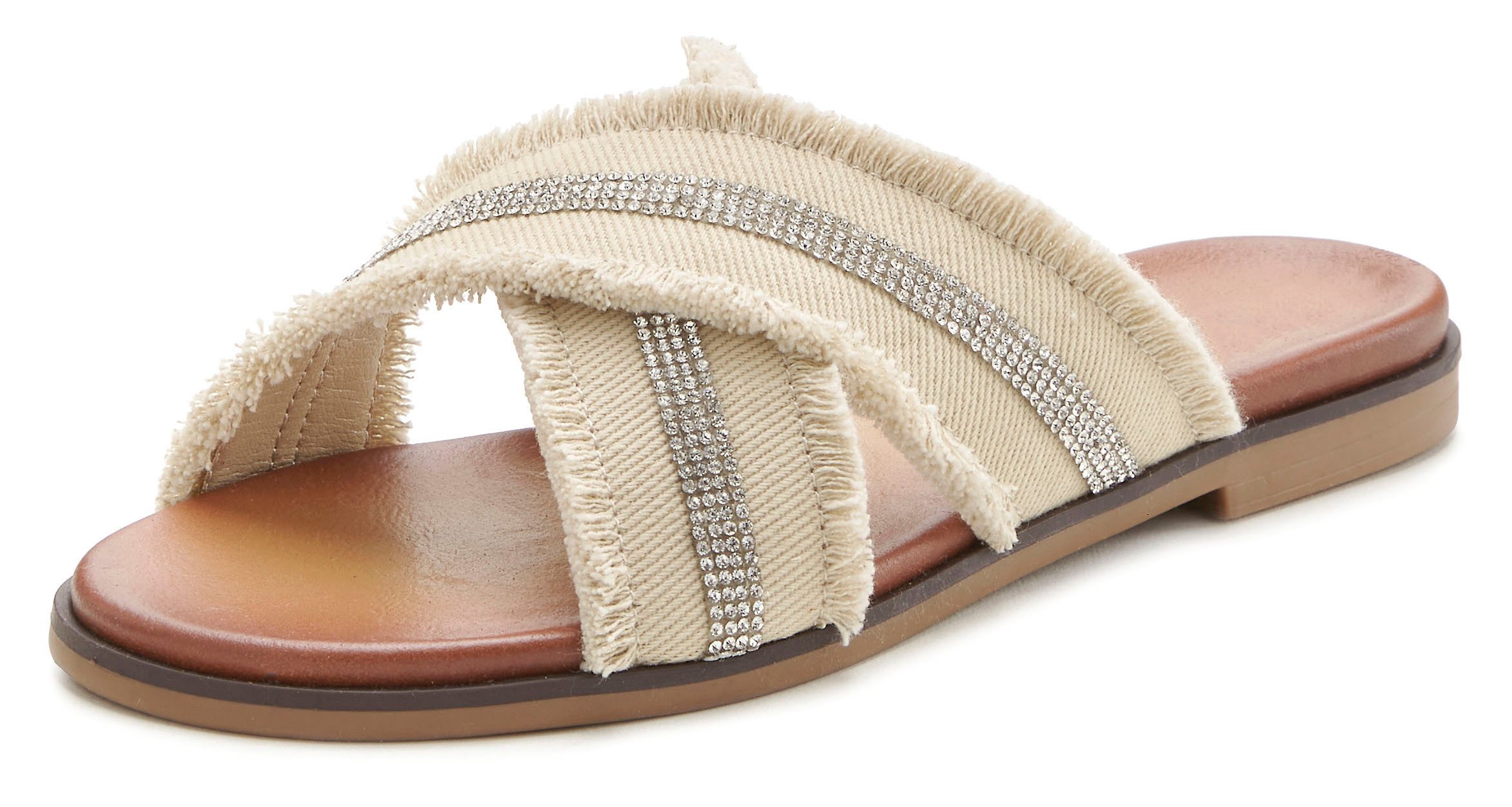 Vivance Slippers Mule, sandaal, zomerschoen met subtiele strass-steentjes en kleine franjes