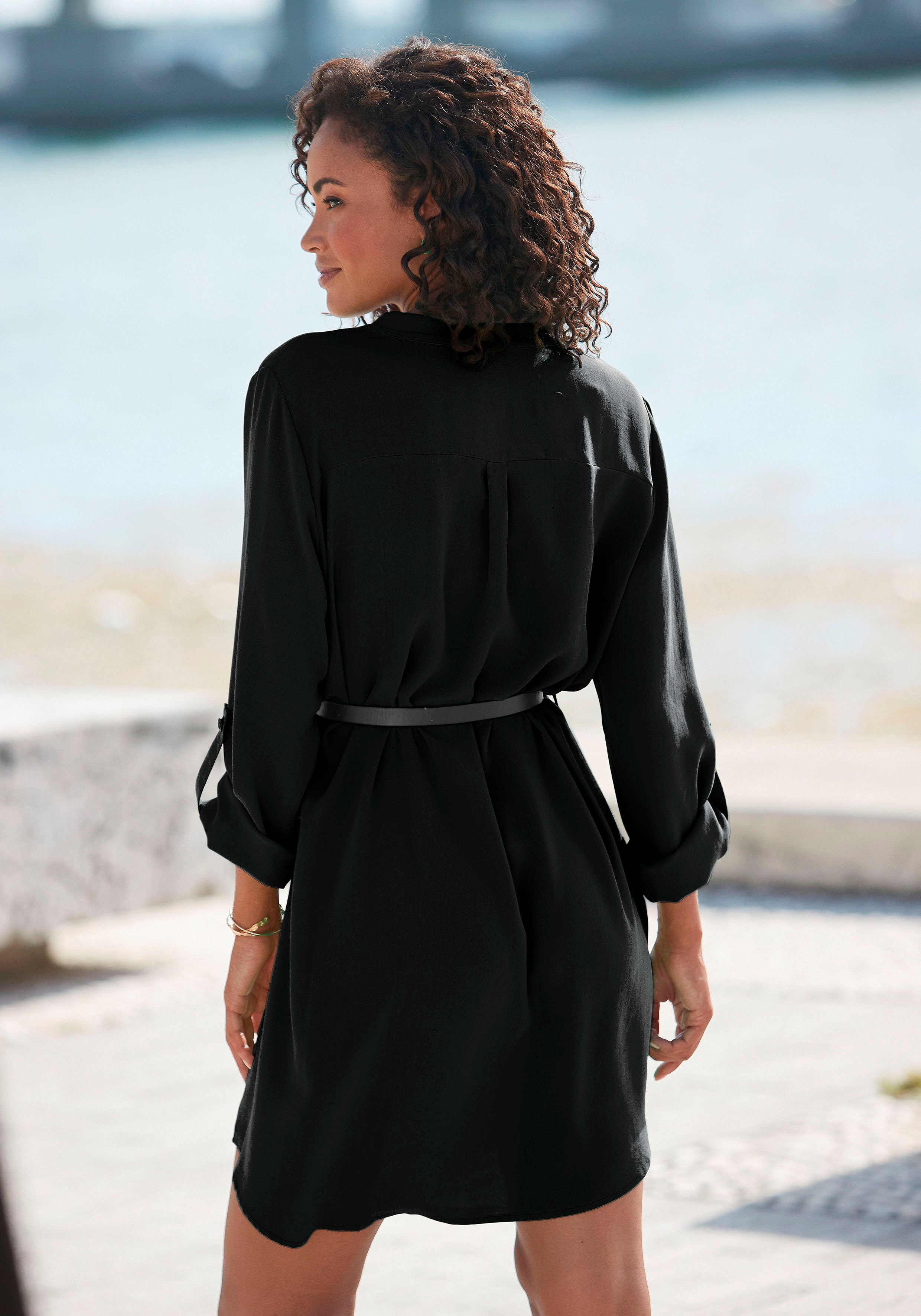 Lascana Lange blouse van gekreppte stof, losse blousejurk, elegant-chic (Met riem in leer-look)