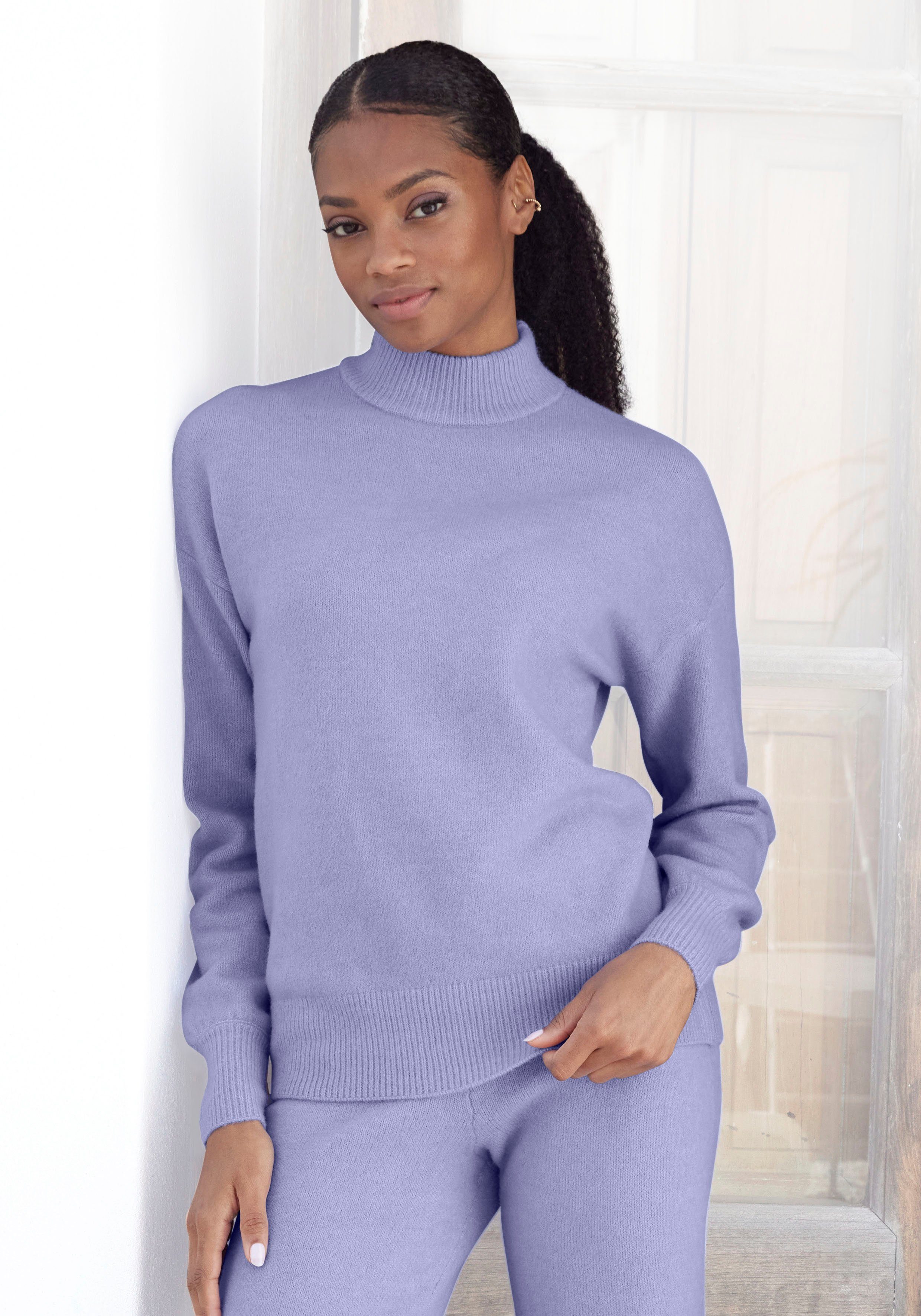 Lascana Gebreide trui -Lounge Pullover met staande kraag en ribboorden, loungewear
