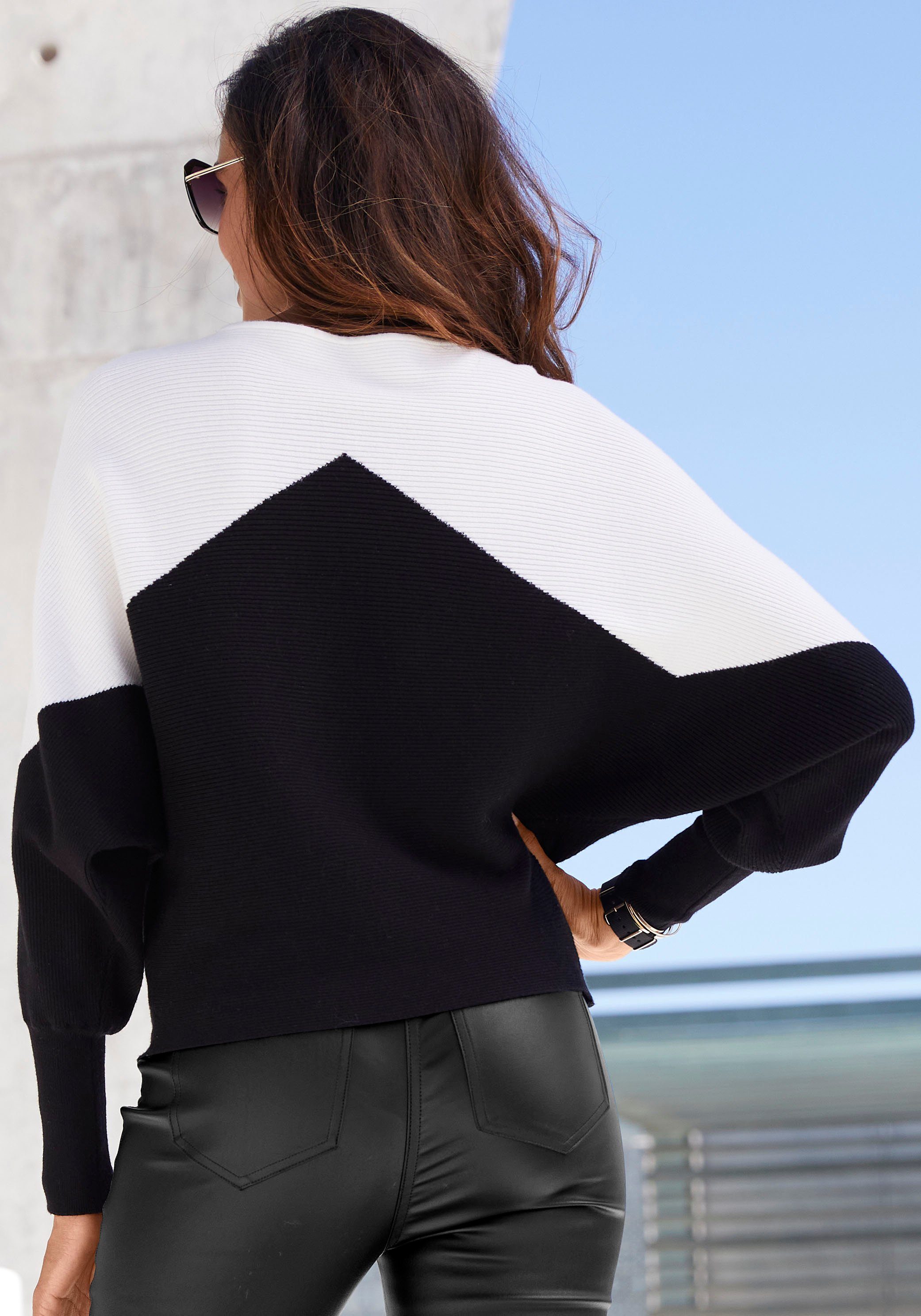 Lascana Gebreide trui met colorblock-look en lichte vleermuismouwen