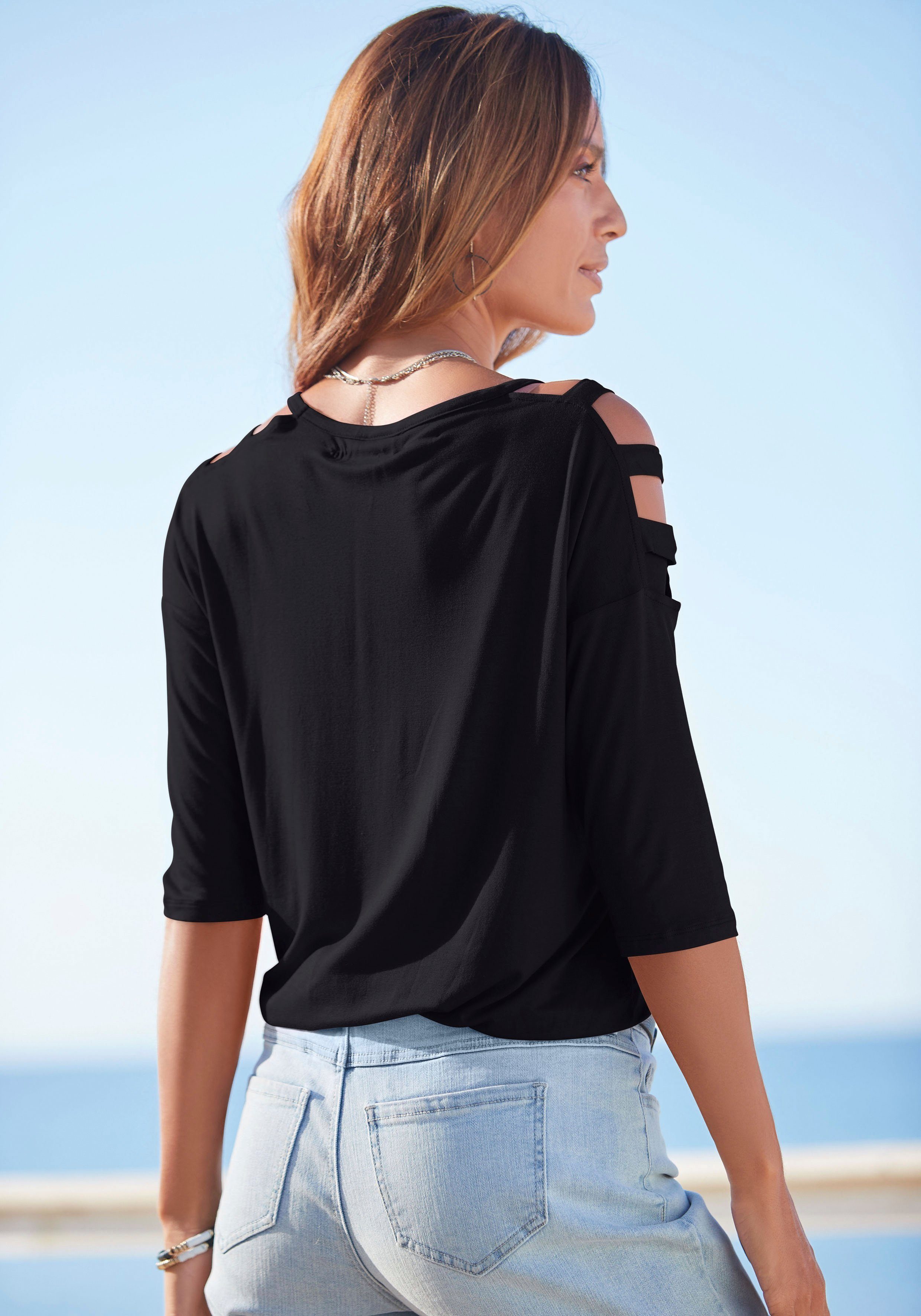 Lascana Shirt met 3/4-mouwen met cut-outs, geplooide lange mouwen, off-the-shoulder