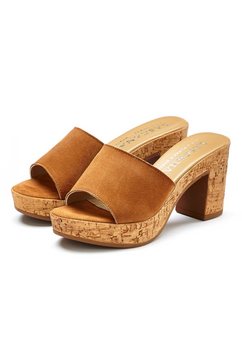 lascana slippers van leer met comfortabele blokhak in kurk-look bruin