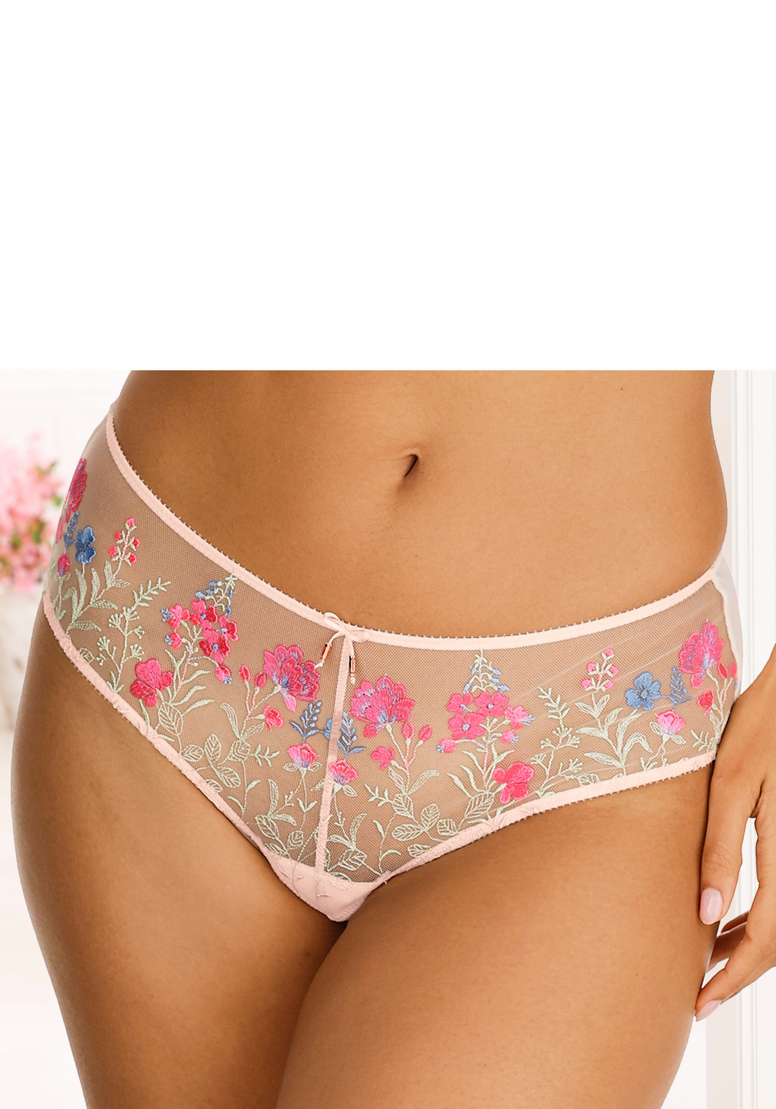 Lascana Stringpants Maria met kleurrijke bloemen van geborduurd kant