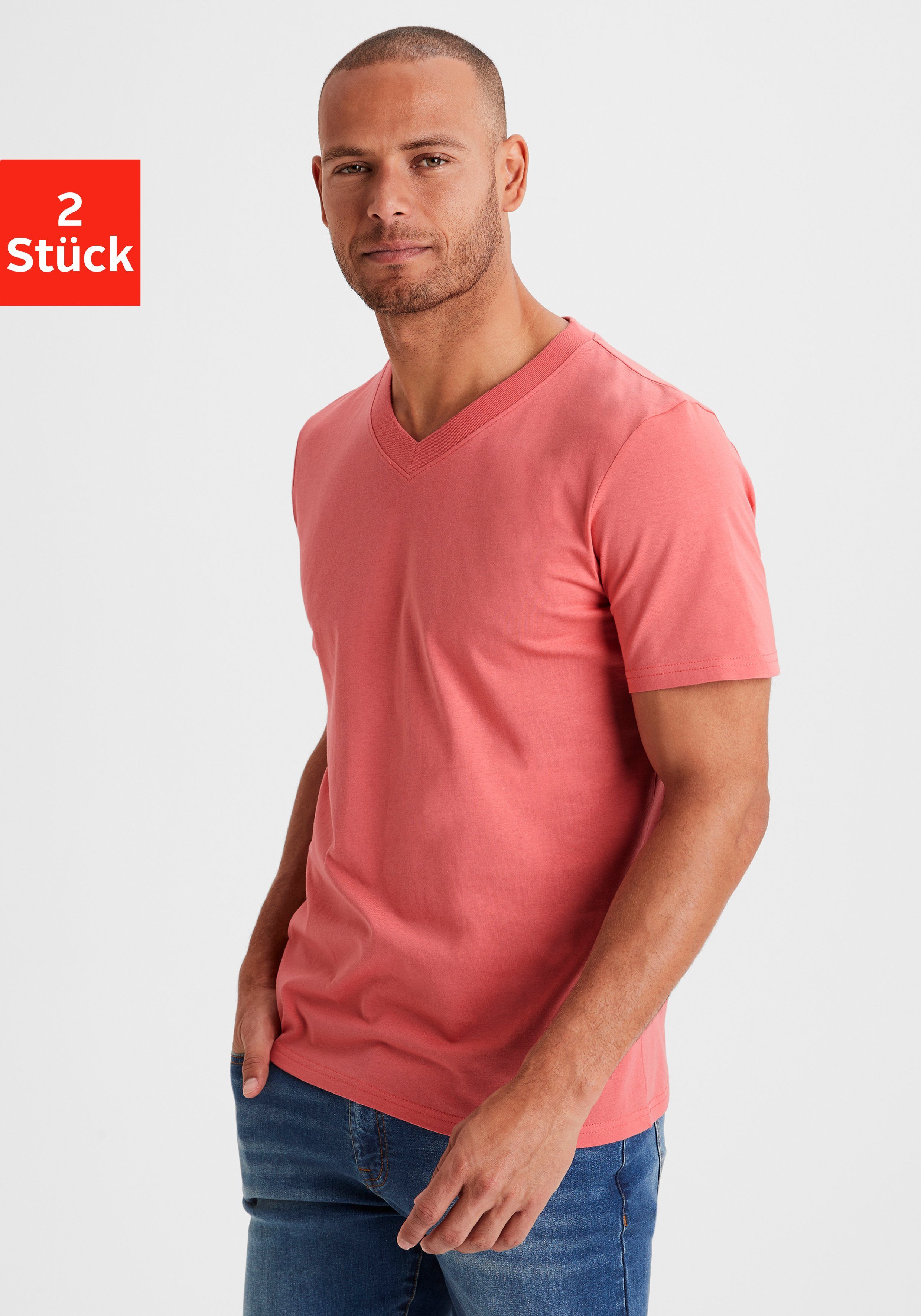 KangaROOS T-shirt Regular fit Vrijetijdsshirt met korte mouwen, V-hals van 100% katoen (Set van 2) heren maat L (52/54) multicolor