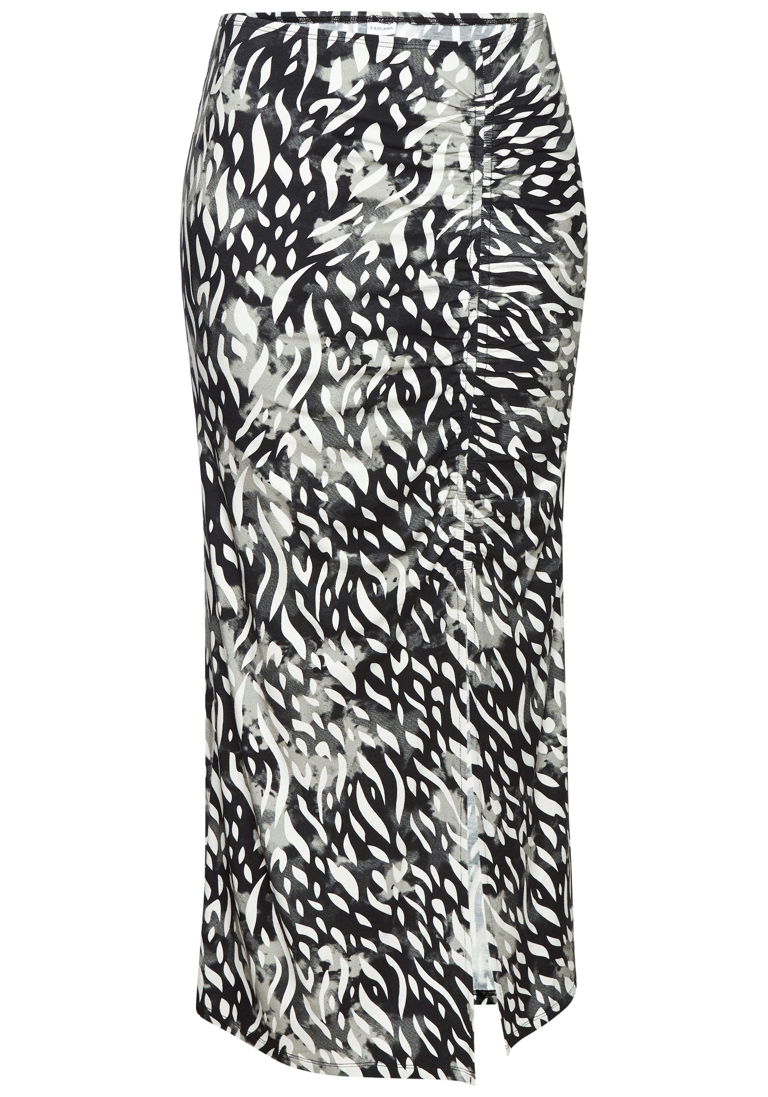 Lascana Jerseyrok met plooien aan de zijkant en split, midi rok met all-over print