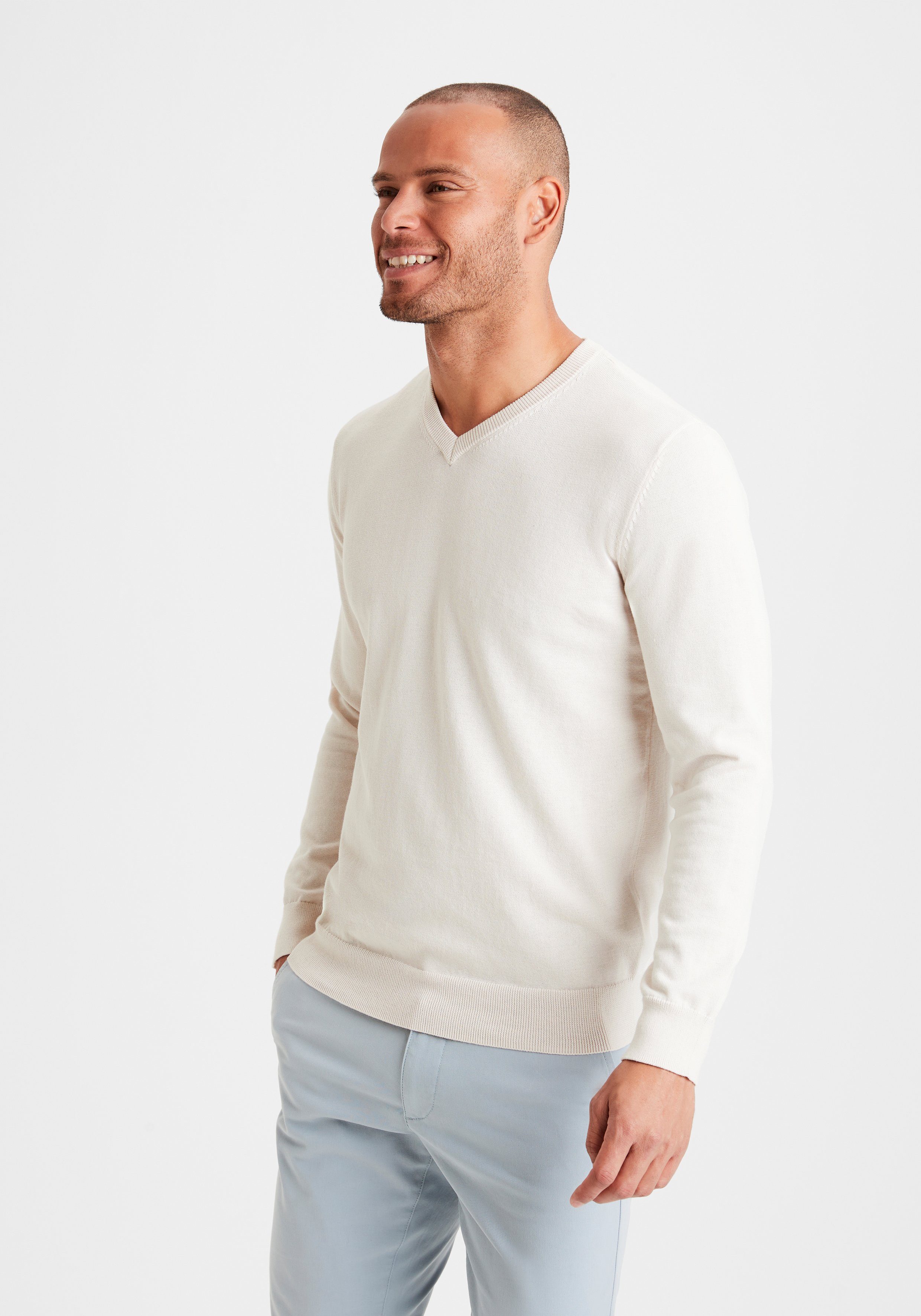 H.I.S Gebreide trui met v-hals, pullover van fijn breiwerk, katoenmix