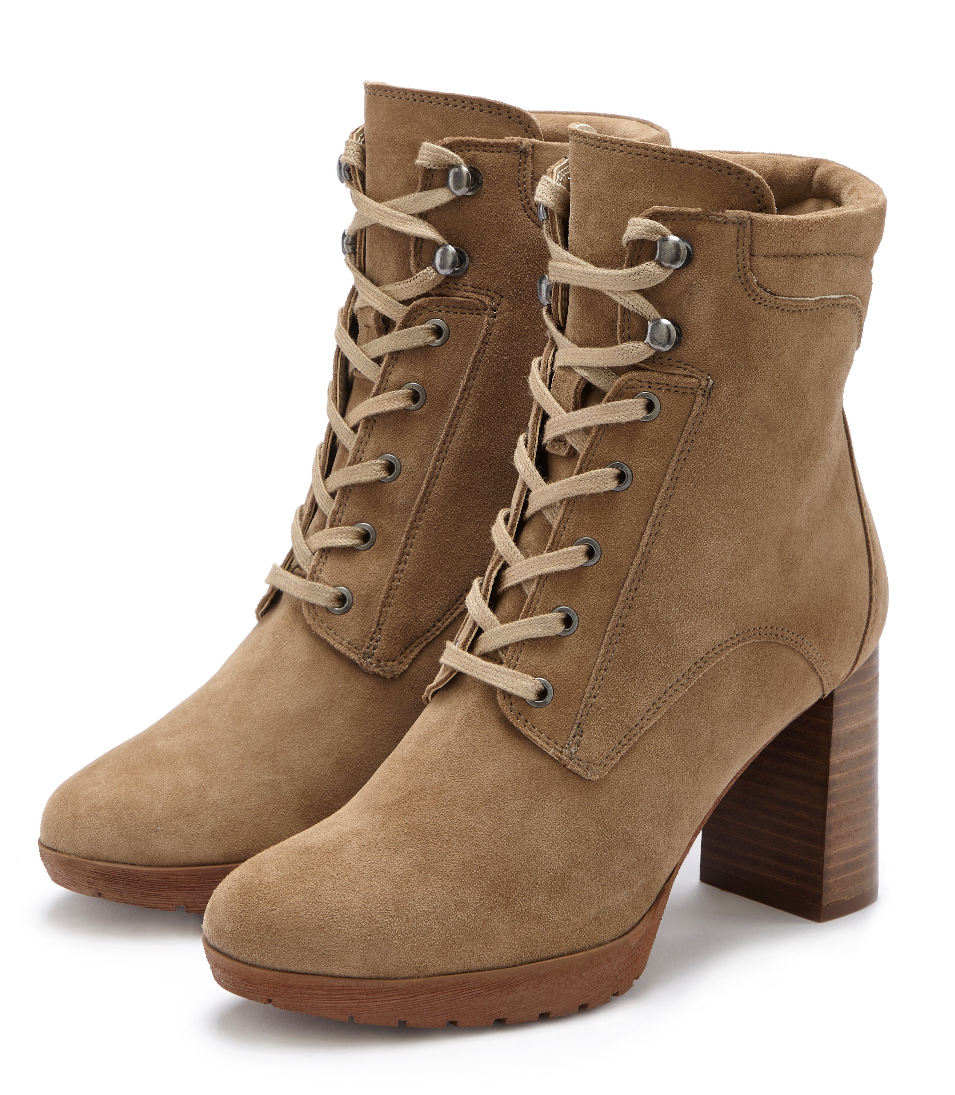 Lascana Highheel-laarsjes Hoge veterschoenen van leer, blokhak, plateaulaarzen, veterschoenen